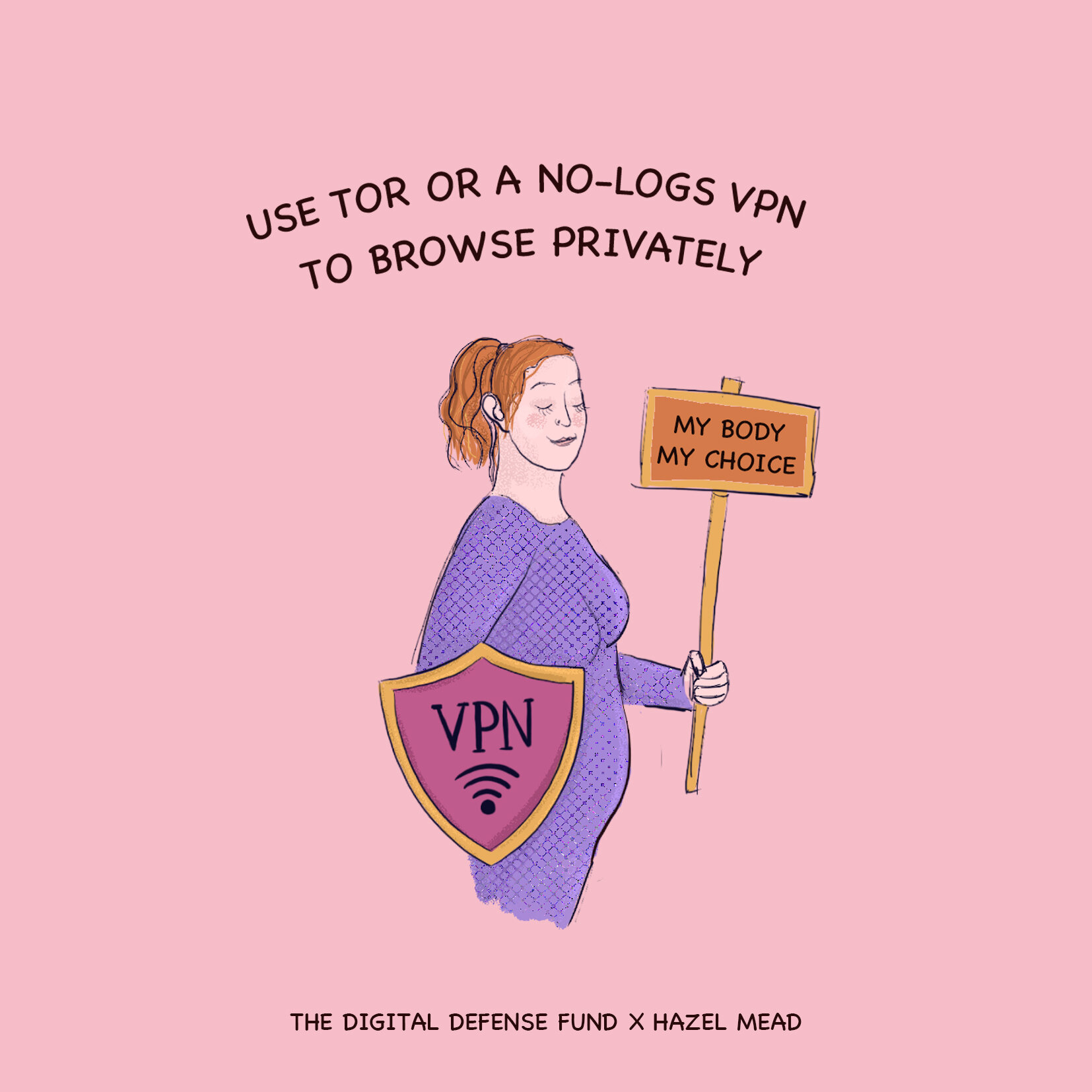 Woman holds a VPN shield. Clicking image leads to Tor download page.