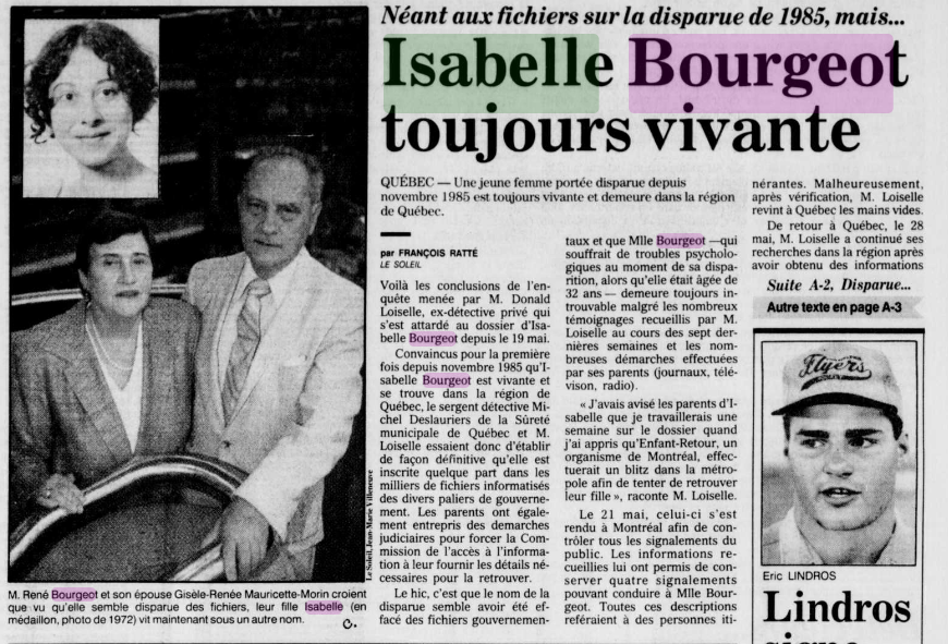  Les parents d’Isabelle Bourgeot qui apparaissent dans un article du Journal Le Soleil en date du 15 juillet 1992. 