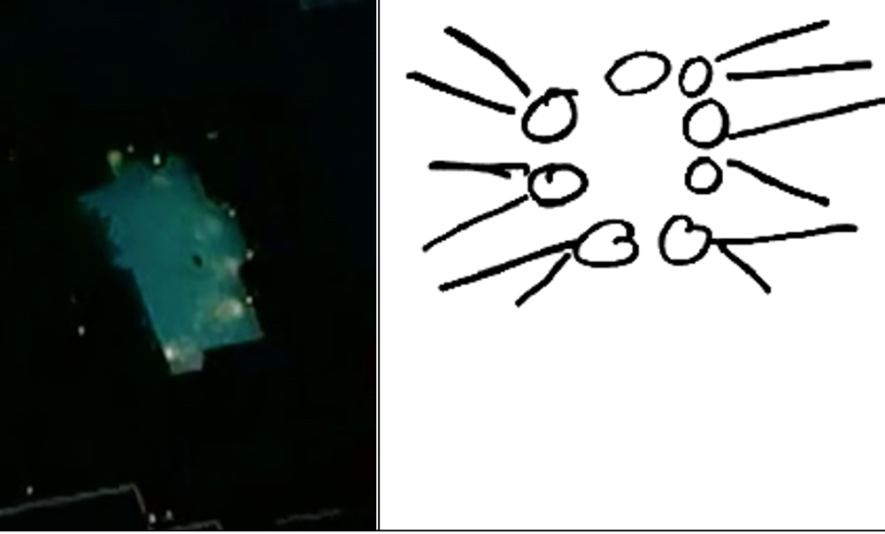  Comparaison de la piscine vue de haut et un croquis de l’un des témoins représentant les lumières de l’OVNI. Source: http://univers-ovni.com/ufologie/montreal.html 