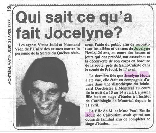  Appel à tous dans le Journal Montréal-Matin du 21 avril 1977. 