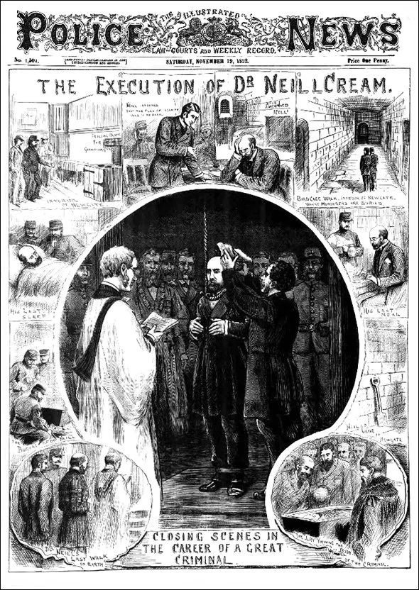 Couverture du Journal Police News qui annonce l'exécution du Dr Thomas Neill Cream en 1892.
Source geriwalton.com