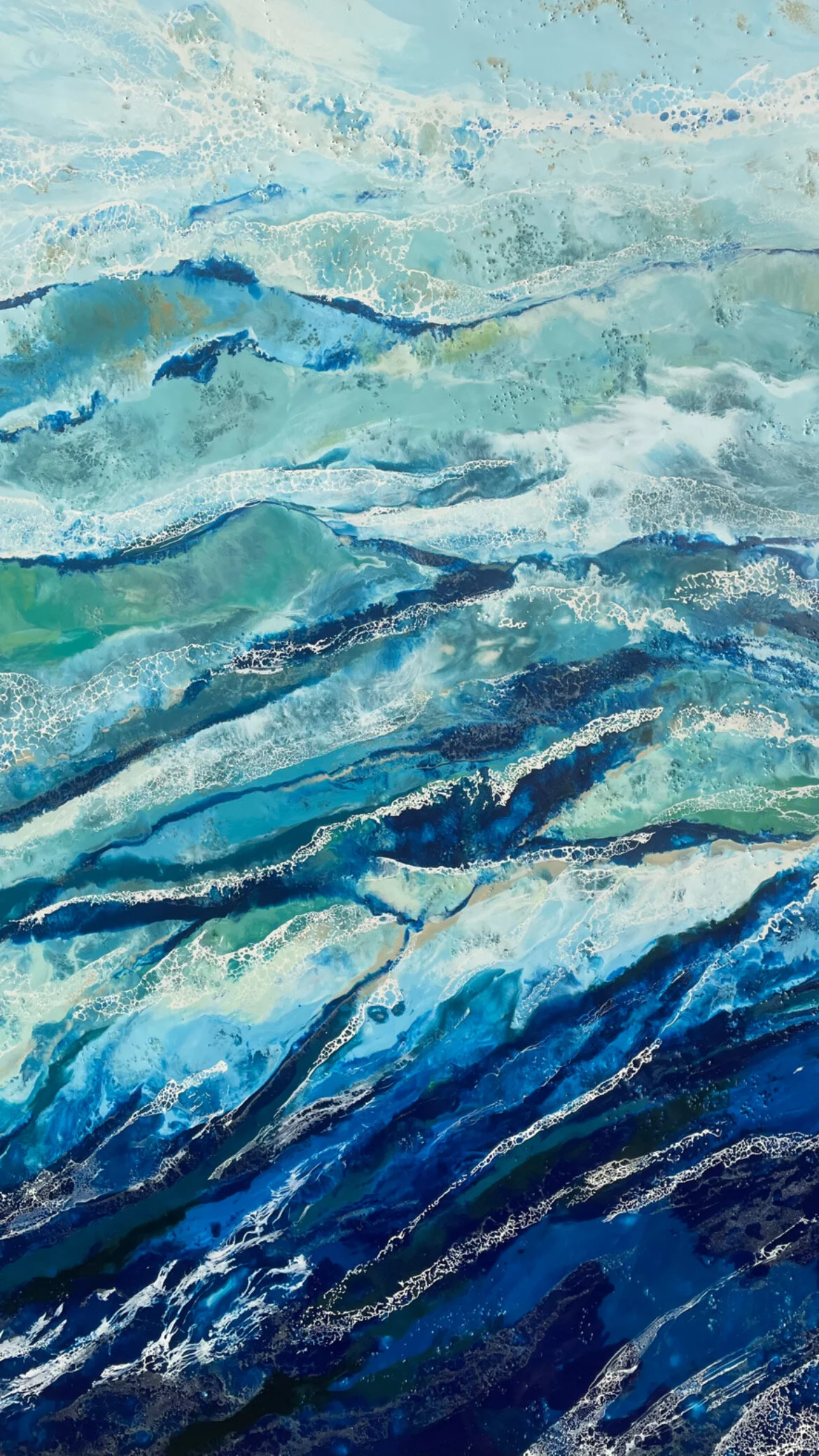Abstract painting of ocean waves in various shades of blue and teal with white foam details.