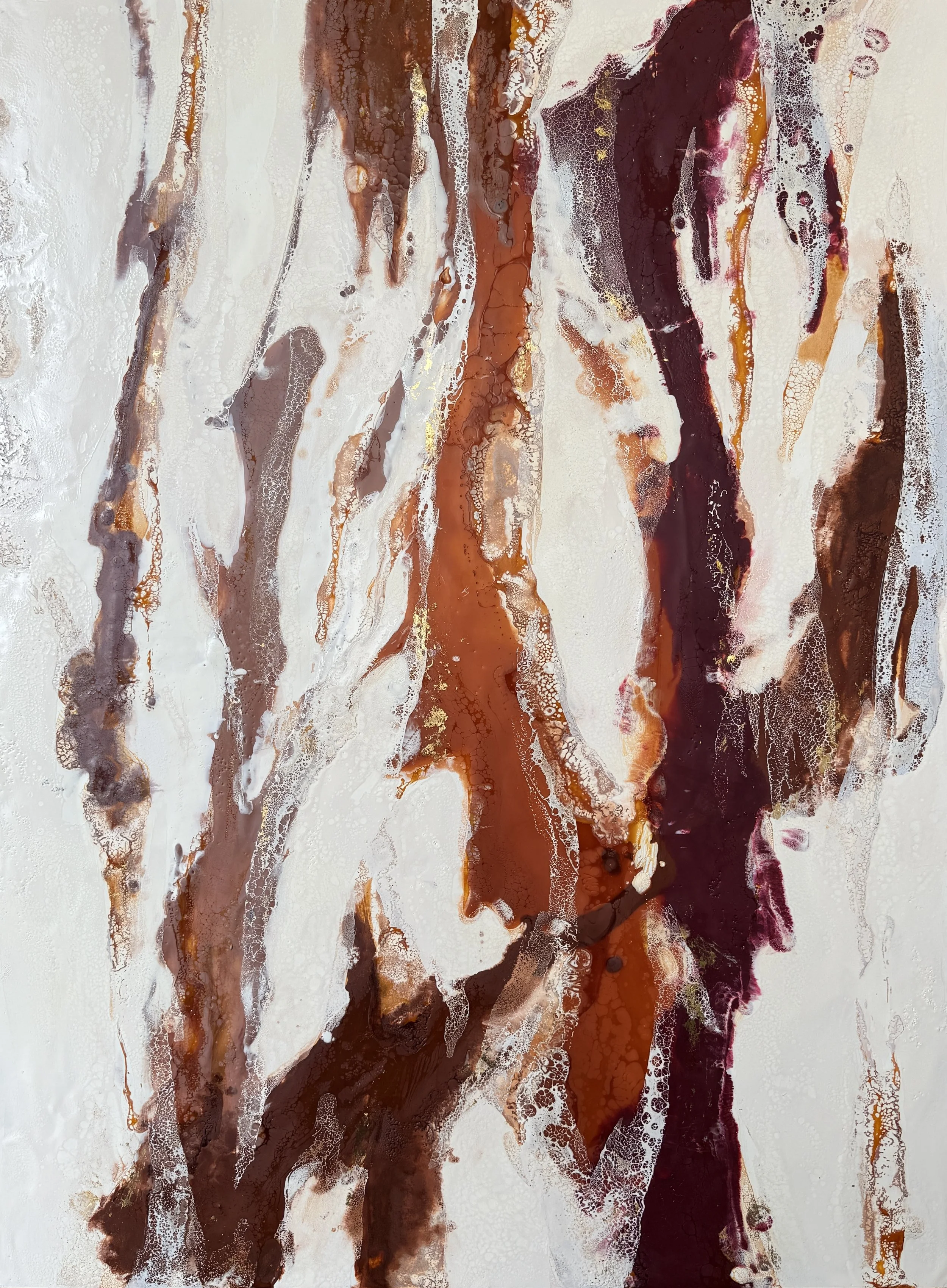 Close-up detail of Earth Memory showing layered encaustic wax, shellac burn texture, earthy pigments, and subtle gold leaf accents.