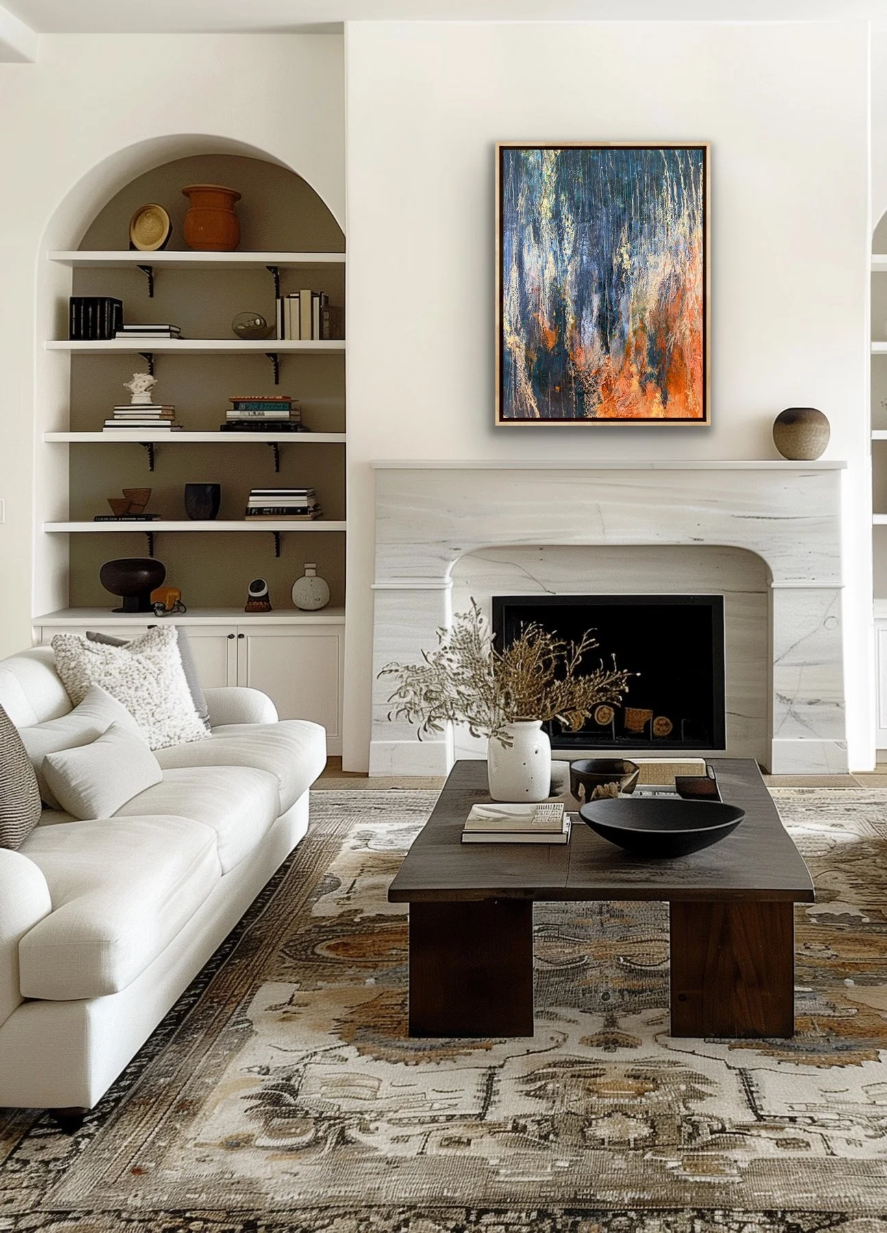 Original encaustic abstract landscape painting above a fireplace in a neutral living room, featuring dark blue, gold, cream, and orange tones for modern interiors.