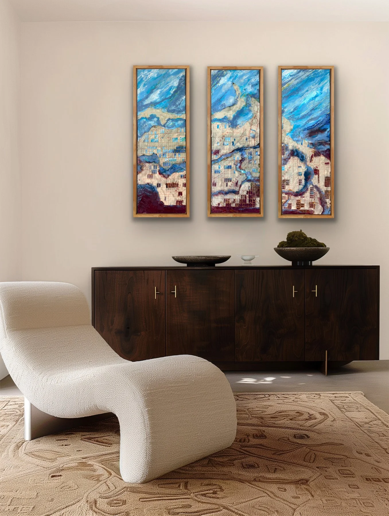 River Logic encaustic wall art shown as a vertical triptych with layered beeswax pigment shellac burn and vintage map details.
