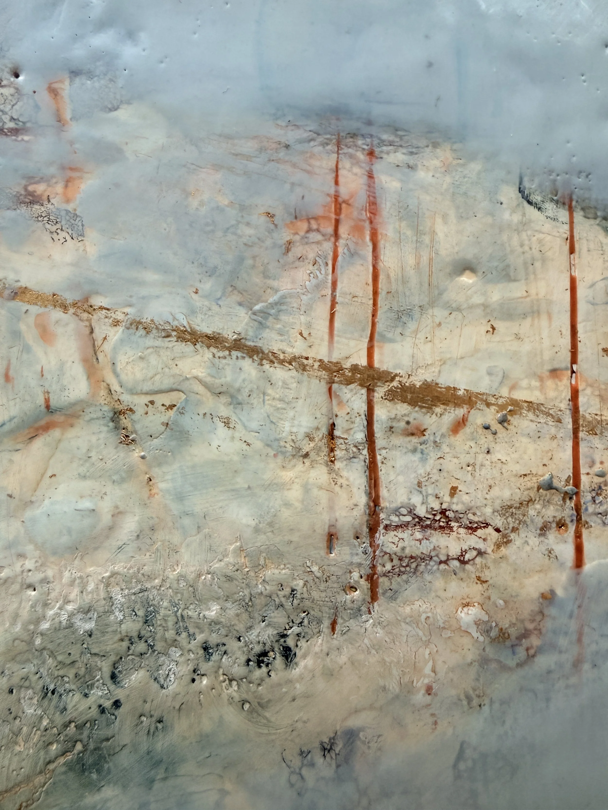 Close-up of Cloud Drift Atlas highlighting encaustic texture, oil pastel marks, rust-red vertical lines, soft blue layers, and luminous white mixed-media detail.
