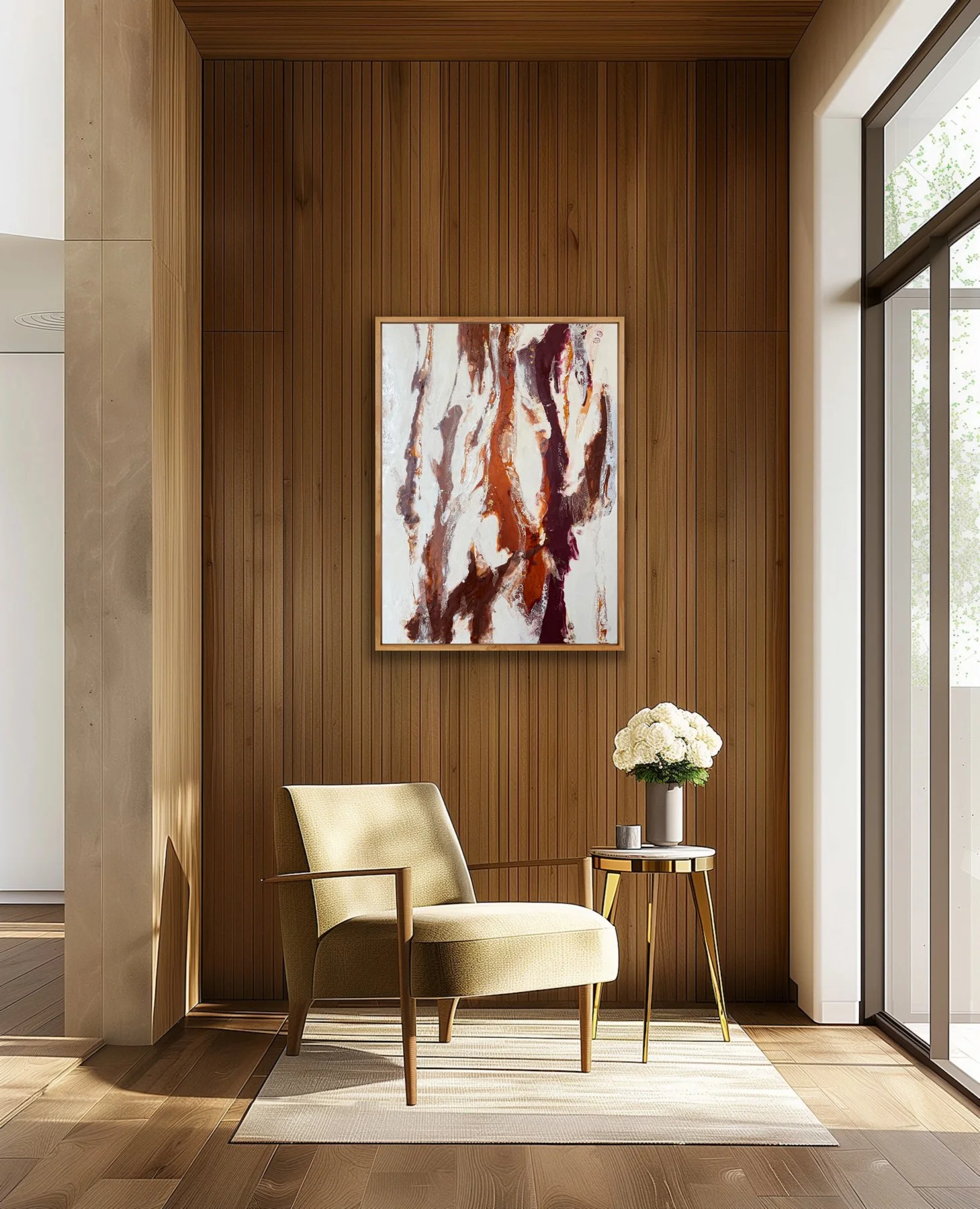 Earth Memory original encaustic painting with shellac burn and gold leaf displayed in a warm wood-paneled contemporary interior.