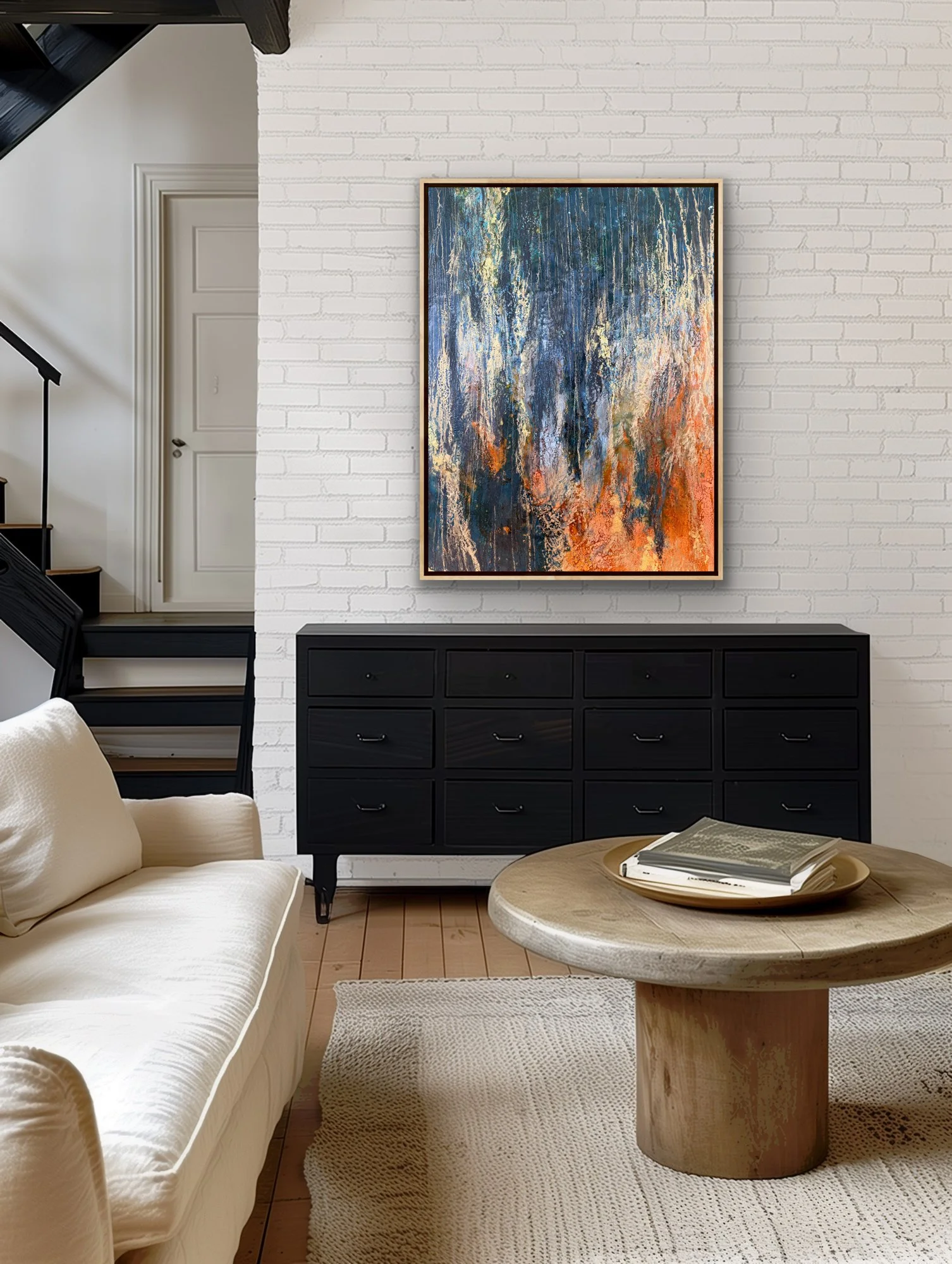Nocturne in Gold original encaustic abstract landscape painting shown in a modern living room with white brick wall, black console, neutral seating, and contemporary home decor.