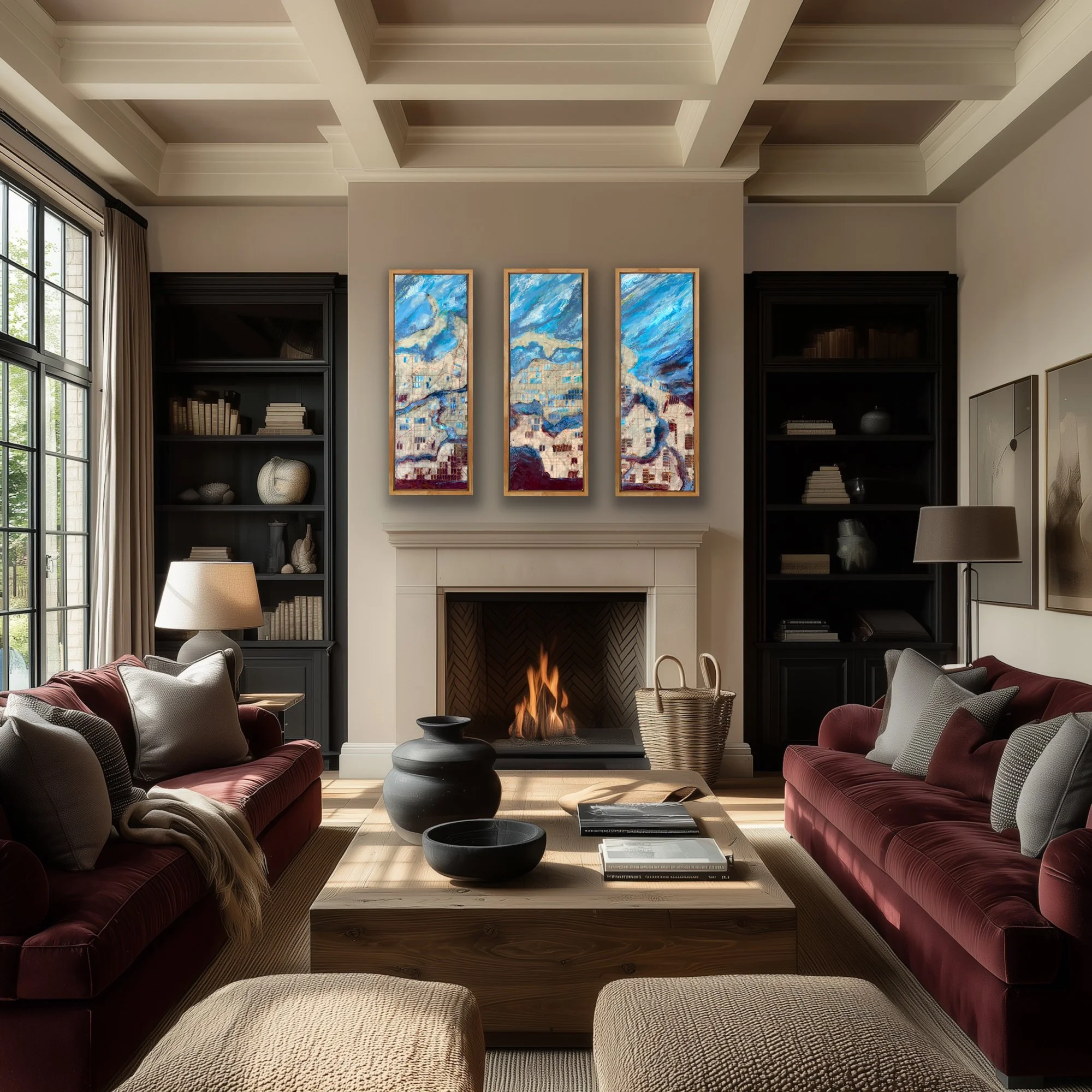 IOriginal encaustic triptych by Robin Moore Studio featuring blue abstract landscape forms over an antique Canadian map.