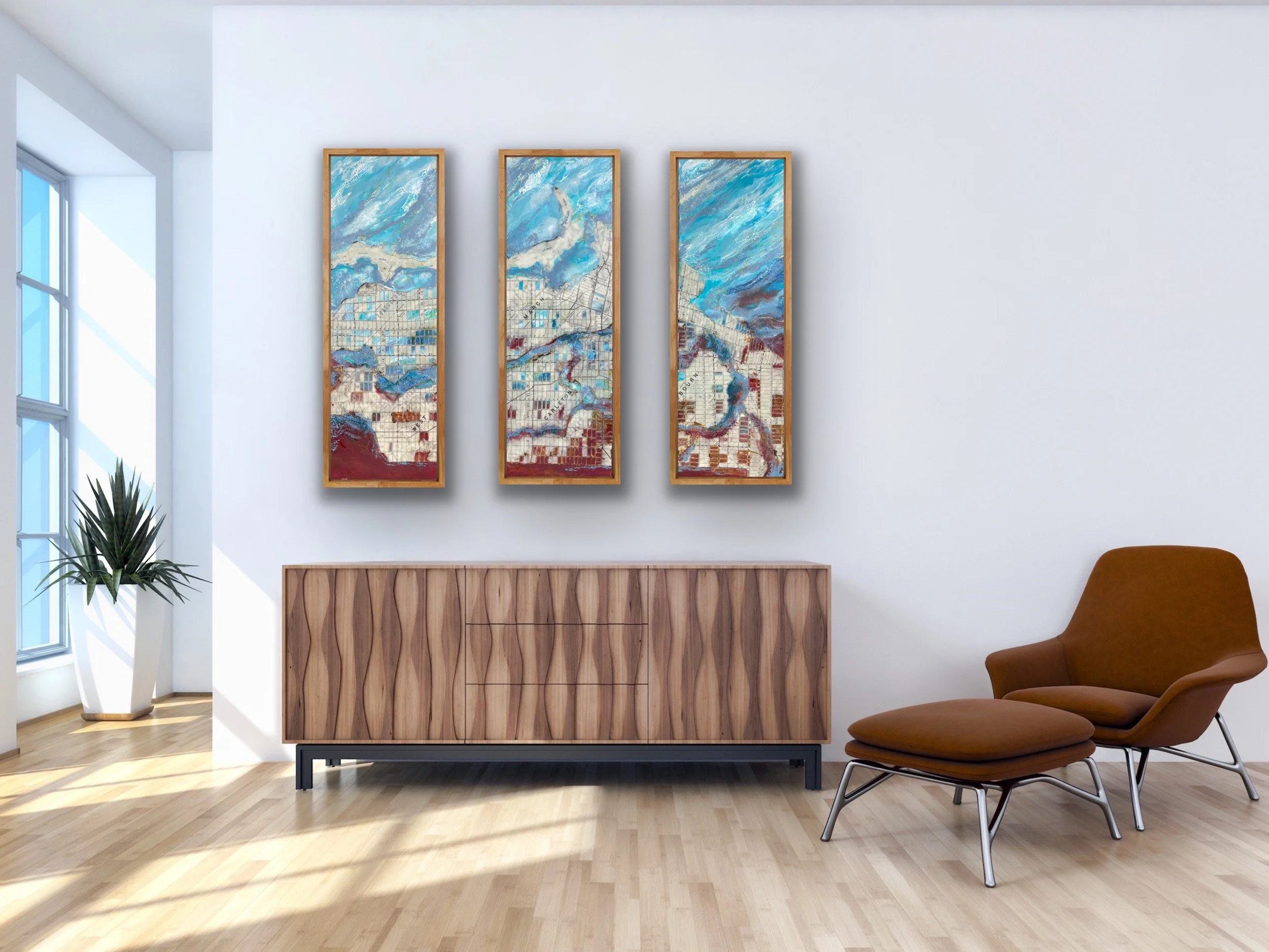 River Logic encaustic triptych with blue river forms over a vintage eastern Ontario map framed in natural oak.