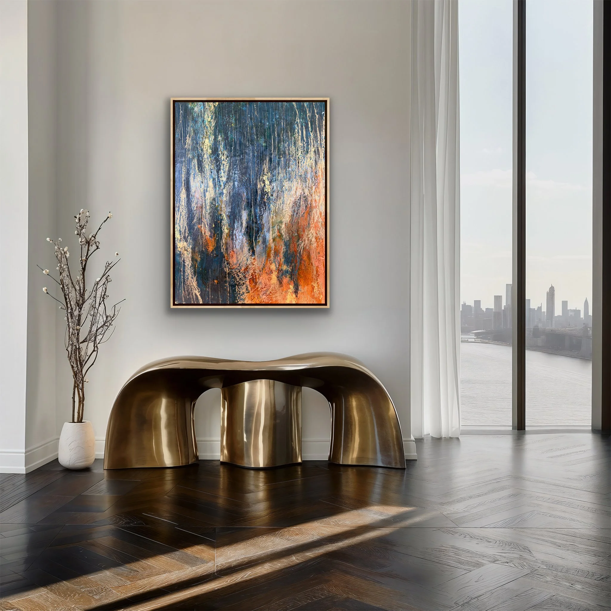 Nocturne in Gold encaustic abstract painting styled in a modern interior with gold console table, dark wood floors, blue and orange movement, and luminous gold leaf details.