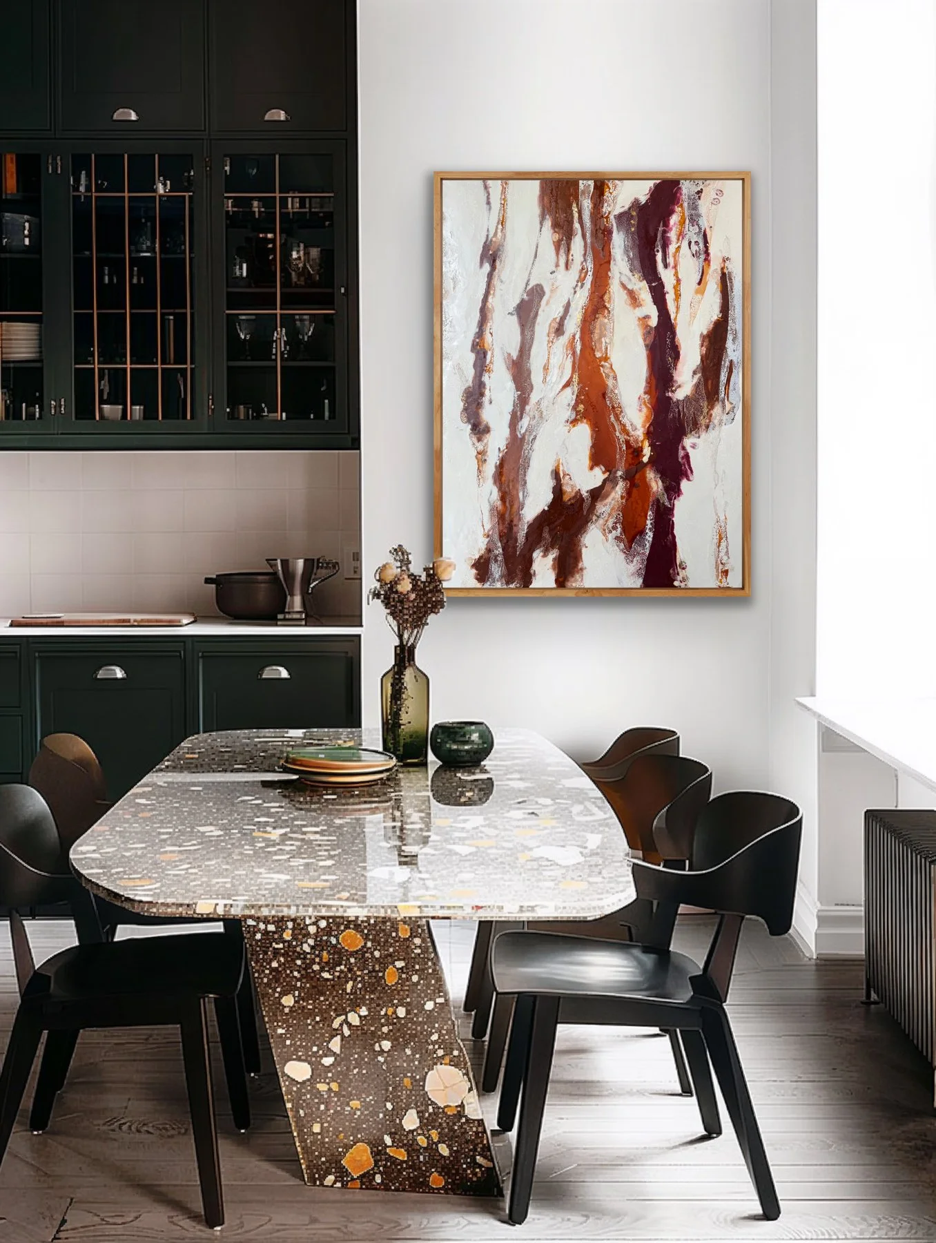 Earth Memory original encaustic artwork displayed in a contemporary dining room with dark cabinetry, warm earth tones, and gold leaf details.