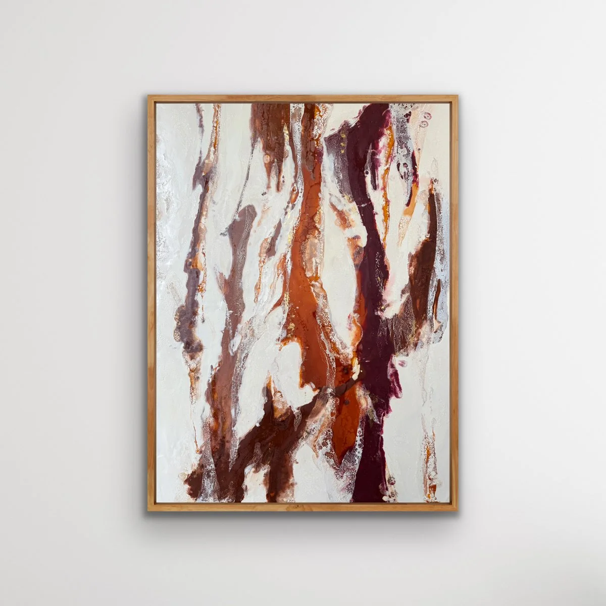Earth Memory original encaustic painting by Robin Moore Studio featuring layered beeswax, shellac burn, gold leaf, and a neutral pine frame.