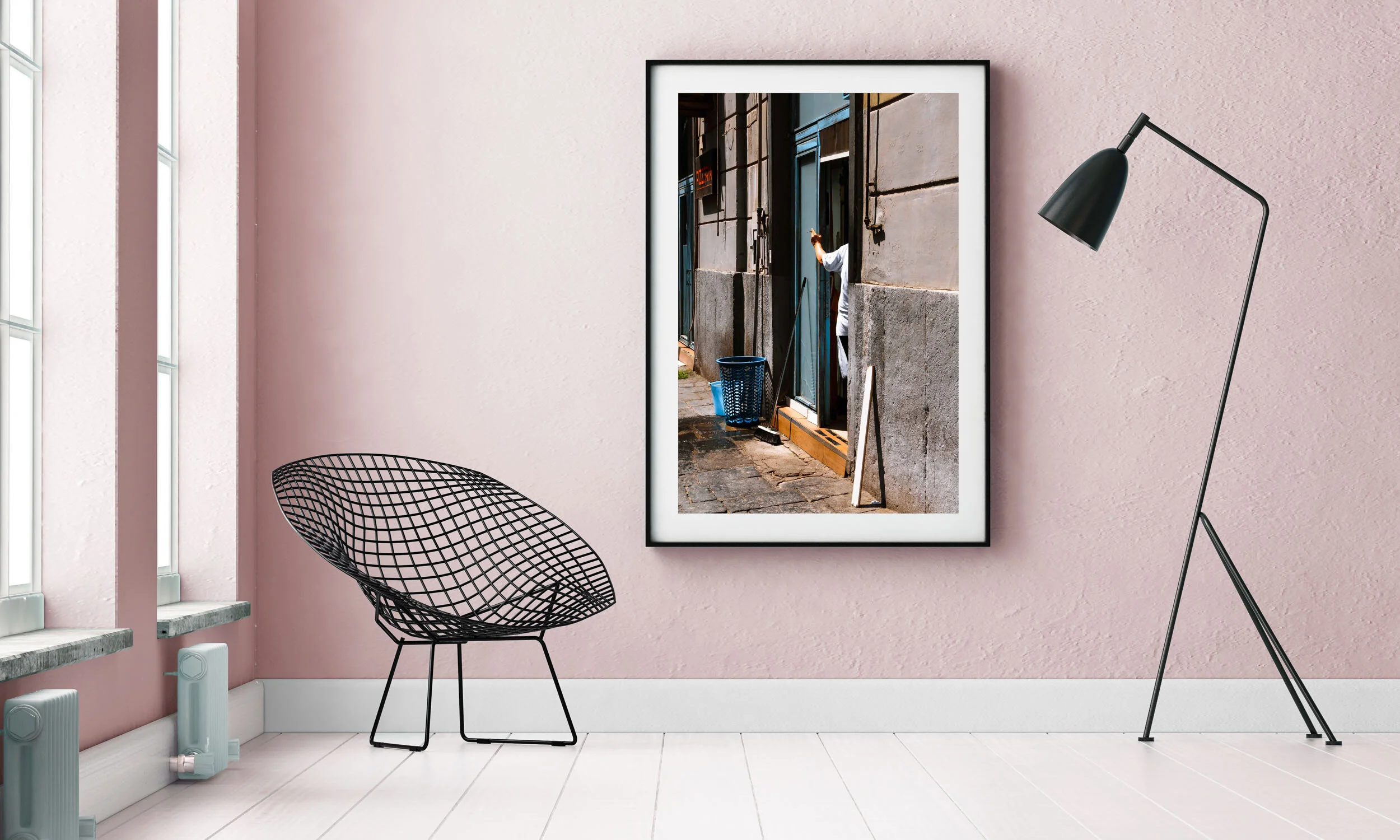 mockup interior with a poster and a floor lamp. trend color. 3d