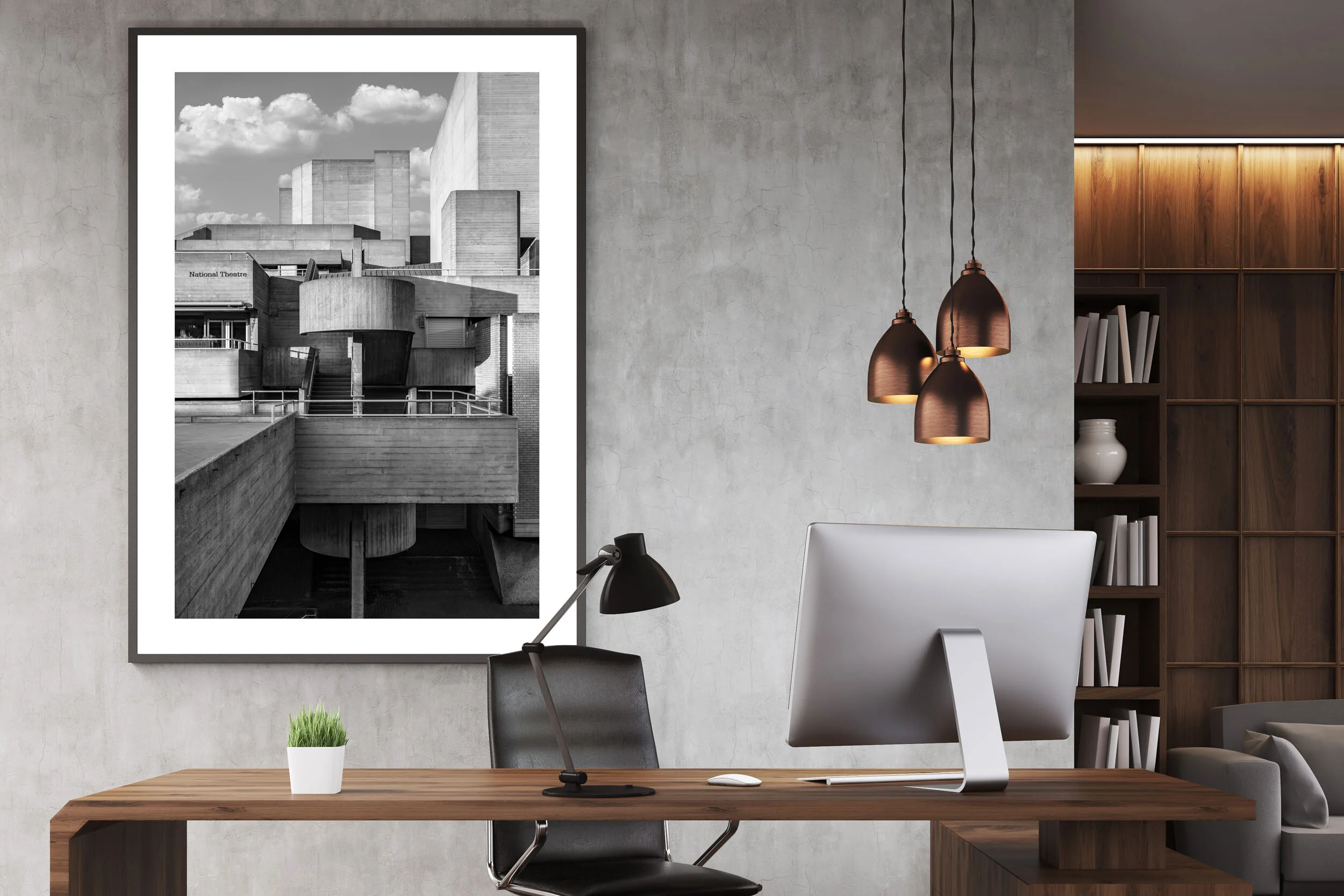 Poster in CEO office with bookcase