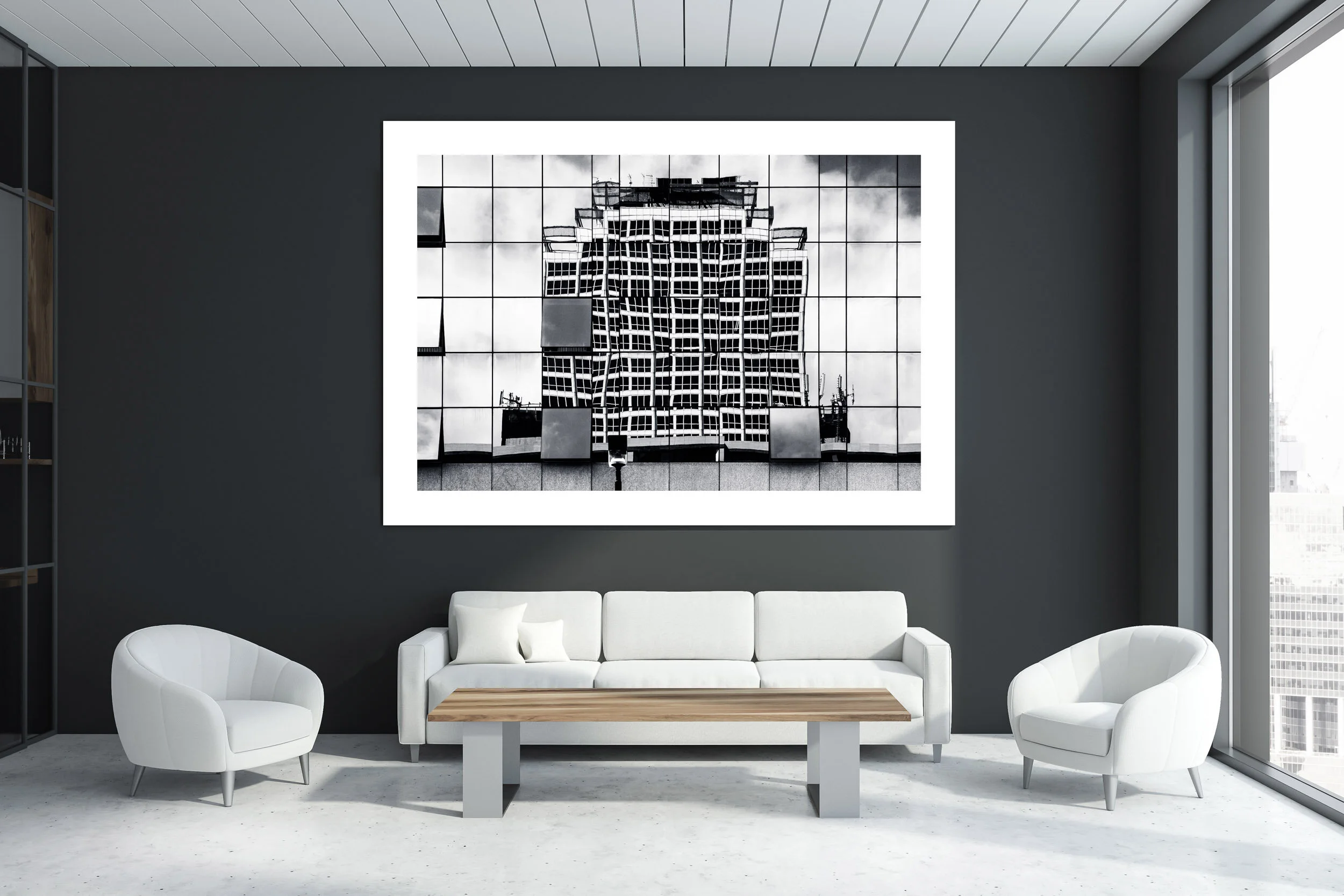 Gray office waiting room interior with poster