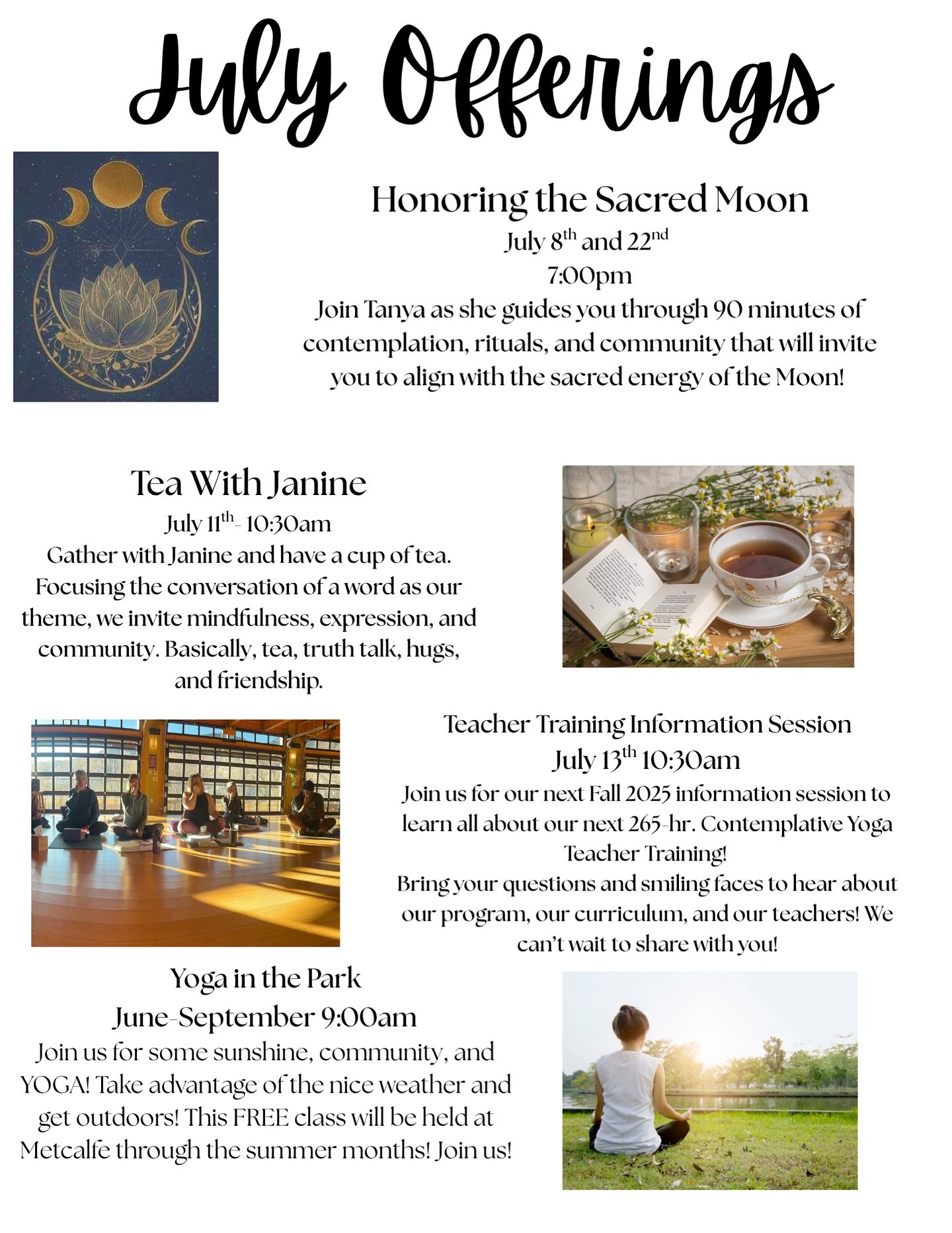 We have two amazing workshops coming up this week and we want YOU to come!
🌕Join us for to Honor the Sacred Full Moon on Tuesday, and Tea with Janine on Friday! 🫖
We can’t wait to see you! 💕
#yogahomecos #yogacolorado #fountaincolorado