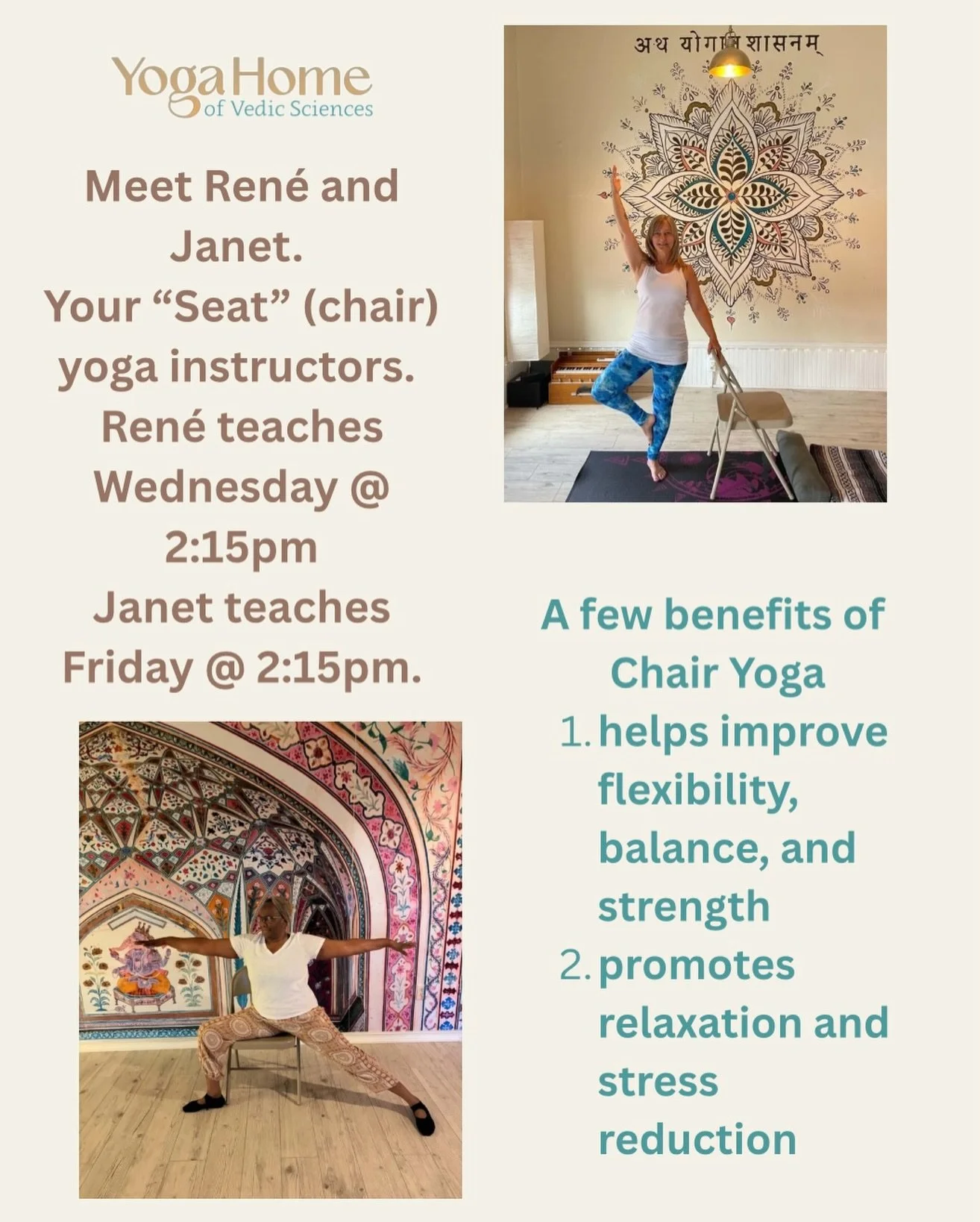 The first time I took a chair yoga class, I was blown away by how challenging it was, and how beneficial its potential was. I&rsquo;m stoked to have two of our teachers offering this class for our students! 

Join Ren&eacute; and Janet for a differen