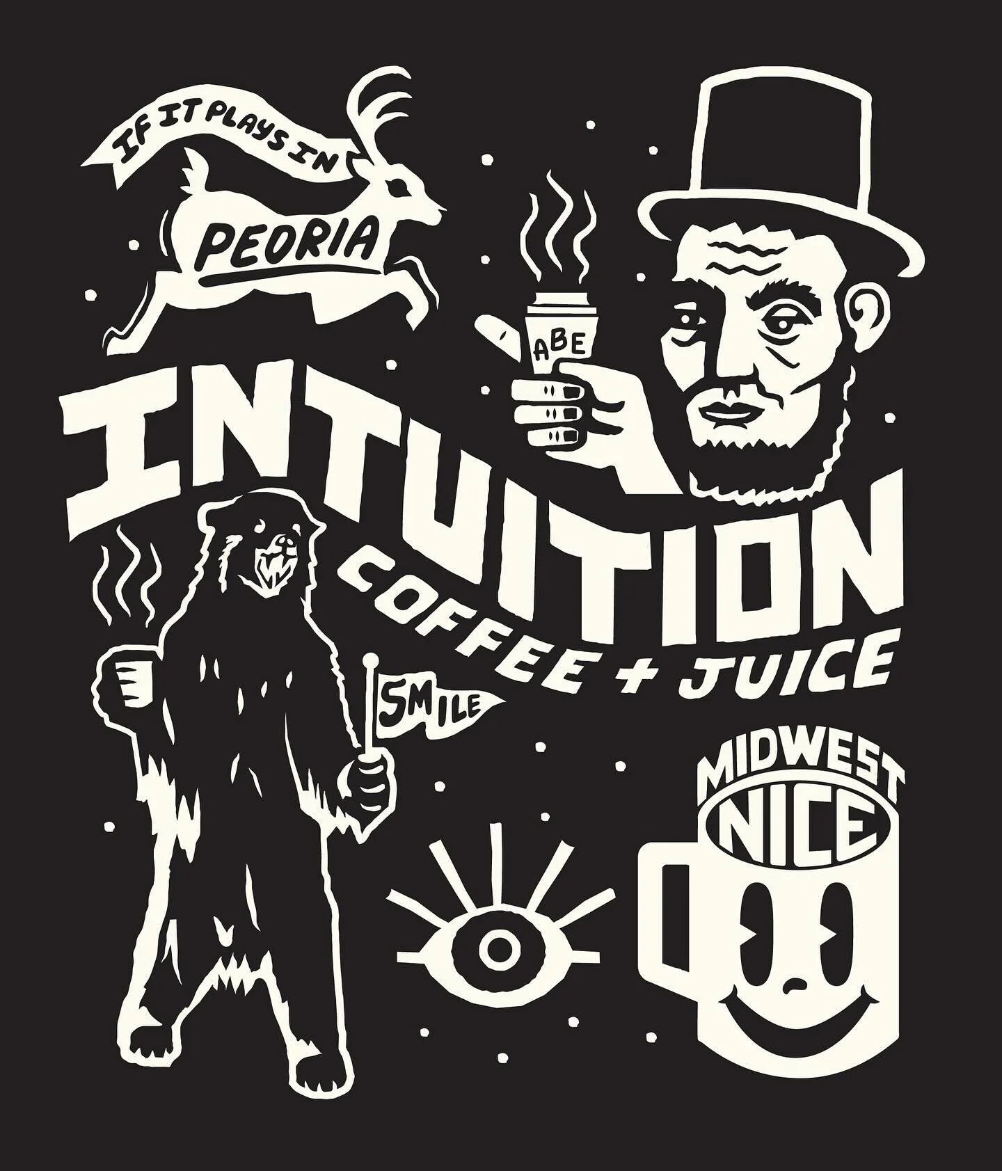 Just wrapped up these fun #handdrawn tees for @intuitioncoffeeco. Design pays homage to Peoria, Illinois and the Midwest. 
#handrawntype #dribbble #procreate #blackandwhite #teedesign #screenprint #blackteelove #graphicdesign #illustration #peoria #
