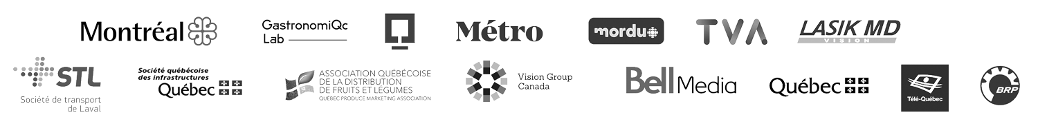 Logos de diverses entreprises et organisations, notamment Montréal, GastronomiQc Lab, Métro, TVA, LASIK MD, STL, Bell Media, Québec, et Télé-Québec.