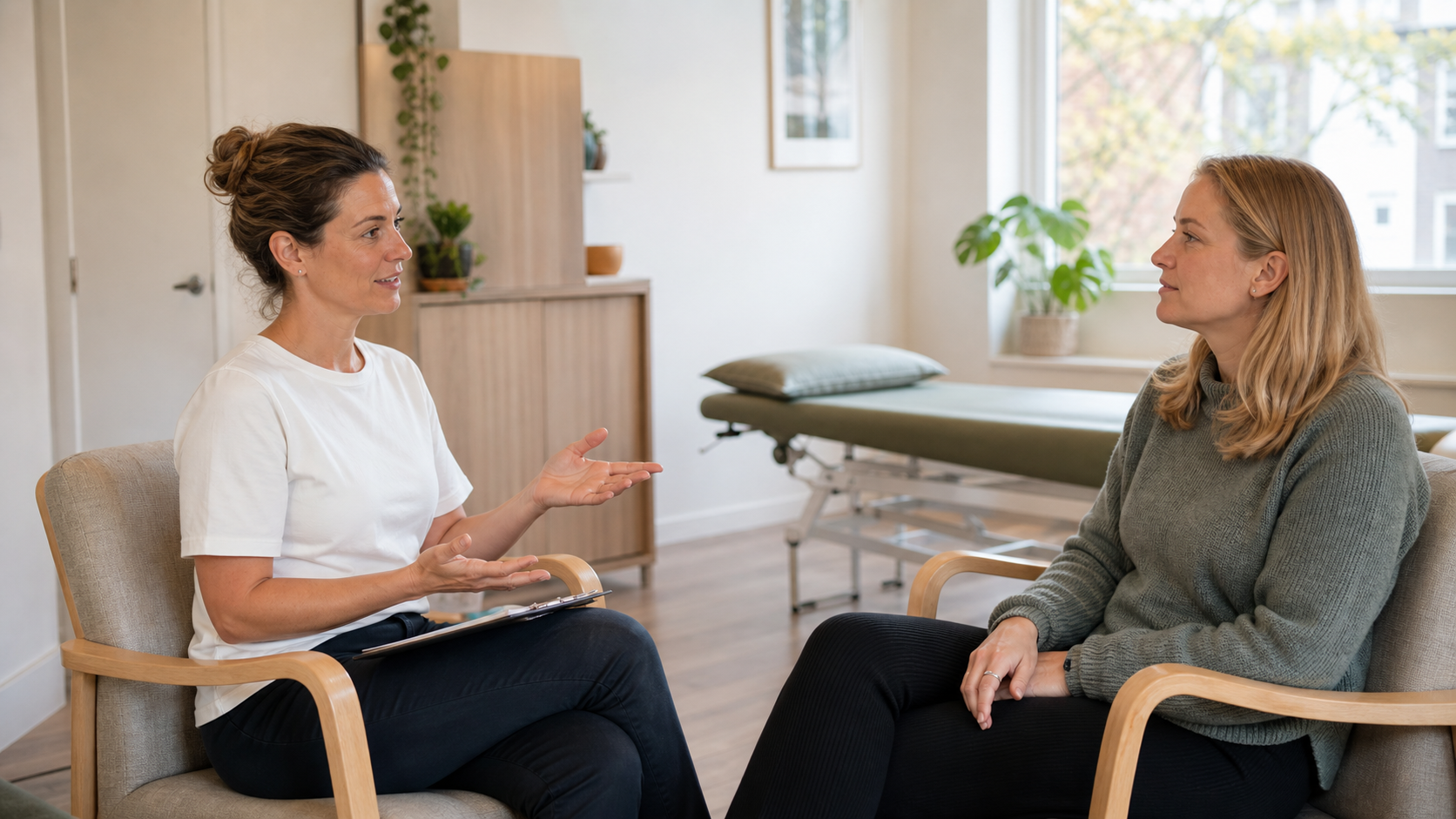 Women's health physiotherapist talking with a patient before an assessment at an Islington clinic