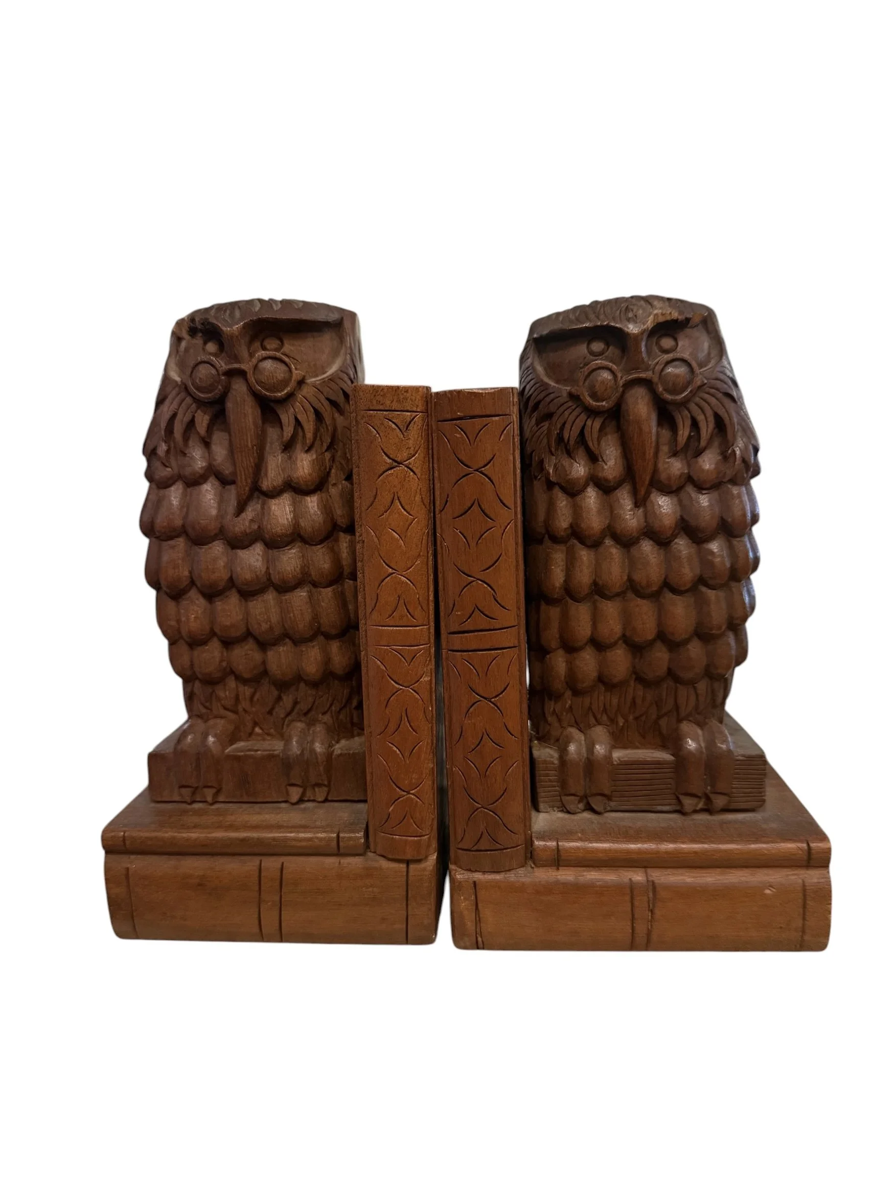Vintage Hand Carved Single Wooden Owl Bookends
