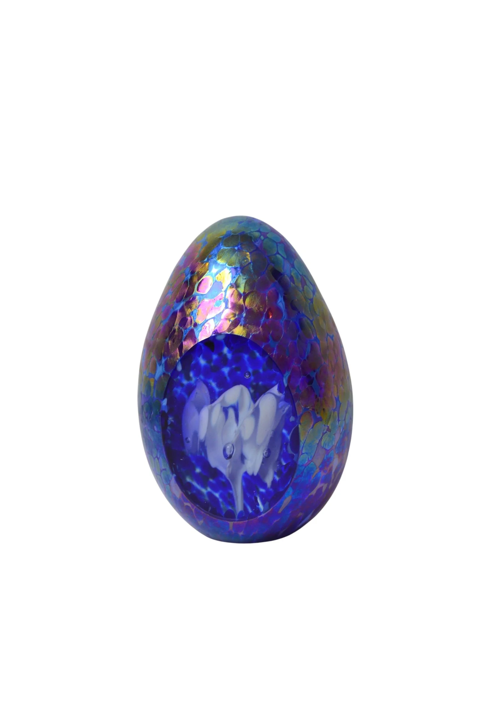 Iridescent Blue Egg Shaped Hand Blown Glass Paperweight