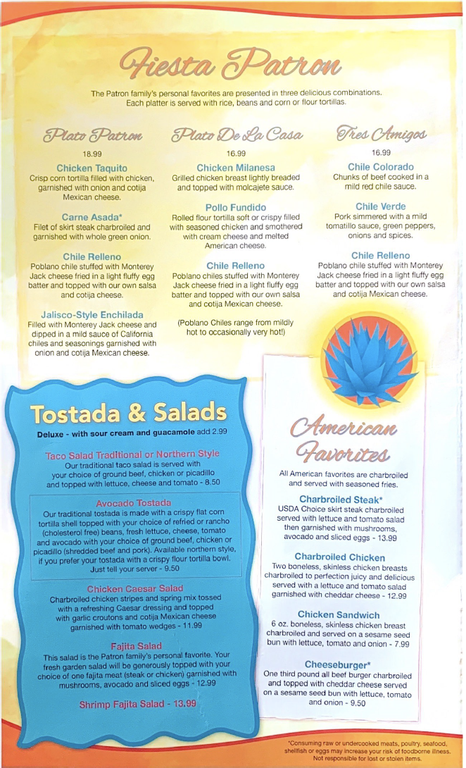 Menu — Patron Mexican Restaurant