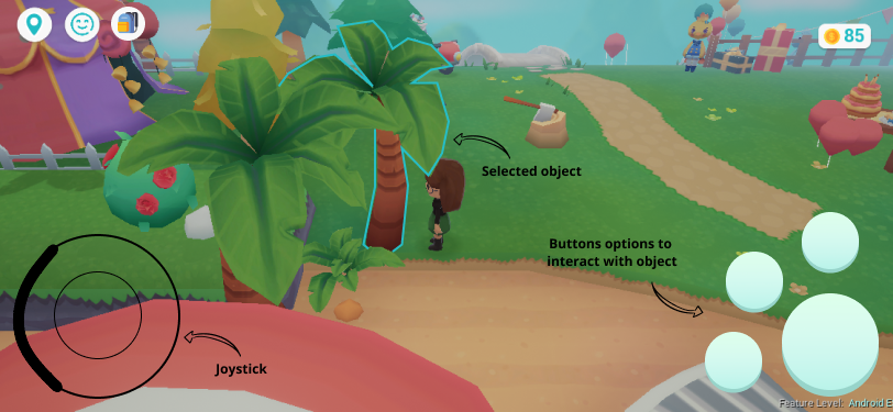 Initial movement and interaction concept - Players tap on an object of interest, this becomes highlighted and interaction options appear on the bottom right.