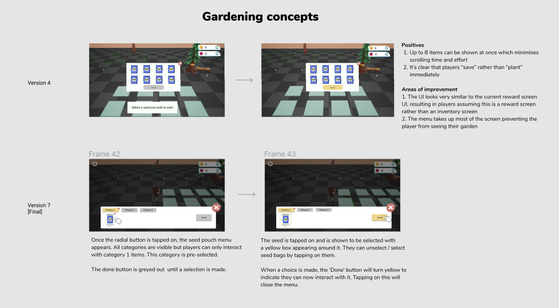 Examples of mocked UI screens that were discussed with the team, feedback was applied to decide on a solution together.