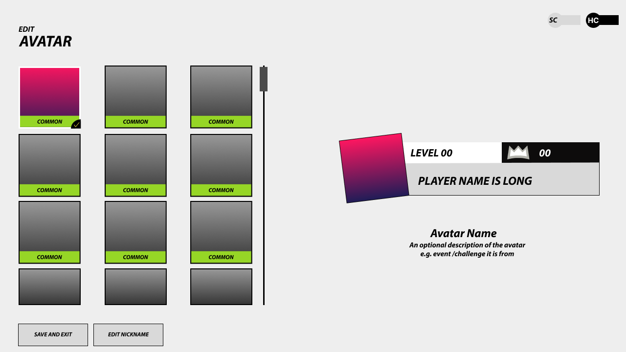 Avatar Customisation Screen
