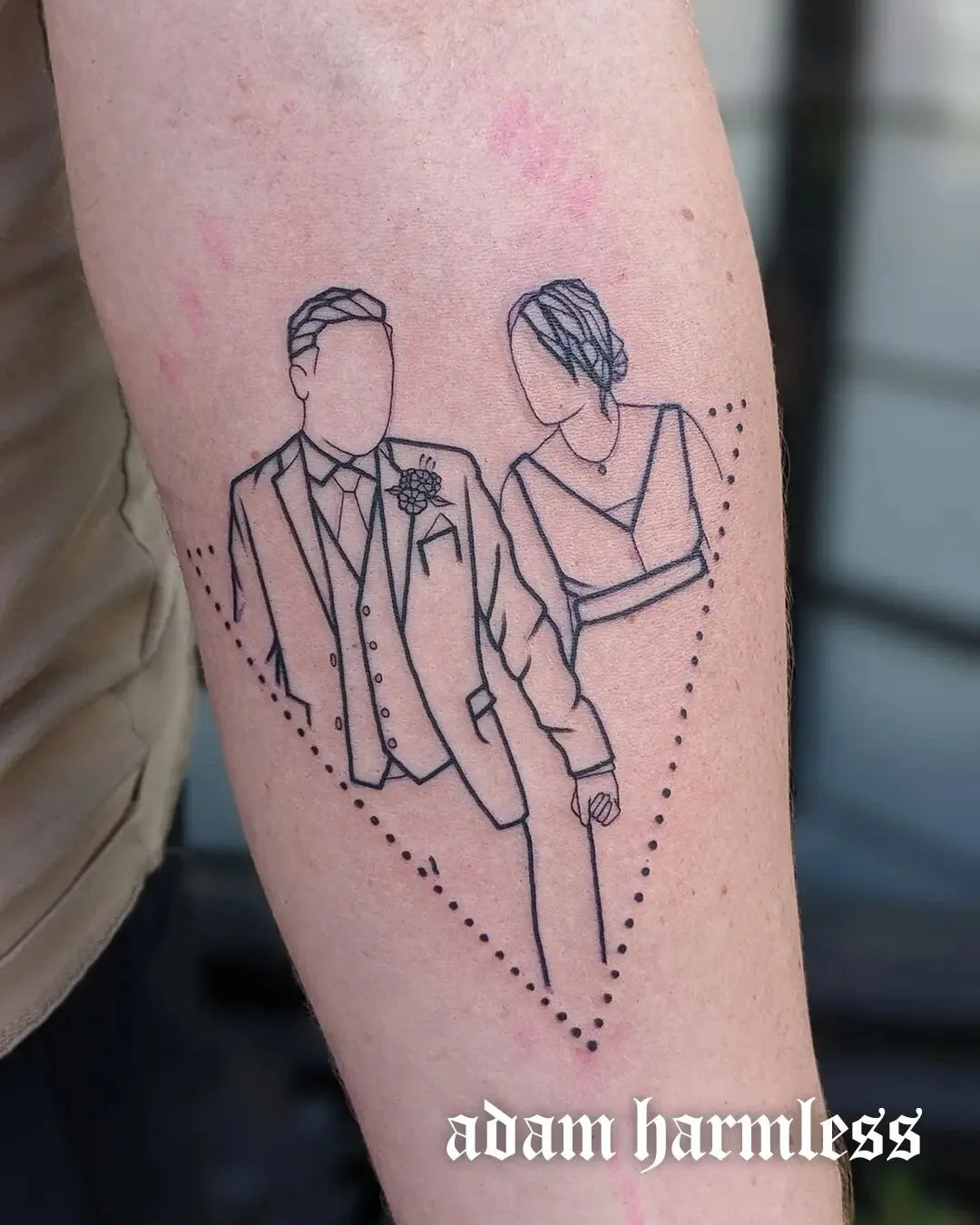 Made this tattoo based on a photo taken on Tom's special day. Thanks for trusting me with this one man!⁠
.⁠
Eco-conscious and Vegan tattooing 🌱💚⁠
Based at @harmlesstattoo⁠
For enquiries, please email hello@adam-willett.com or visit www.adam-willett