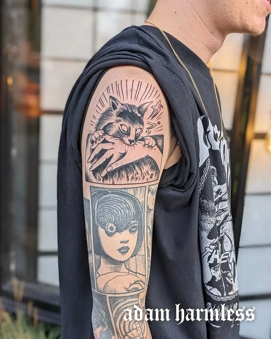Done this JUNJI ITO piece to cap off Reece's arm! Thanks so much for this one dude. If you are a fan of SICK TRAD TATTOOS, then make sure to give @reece_bolt a follow &lt;3⁠
⁠
.⁠
Eco-conscious and Vegan tattooing 🌱💚⁠
Based at @harmlesstattoo⁠
For e