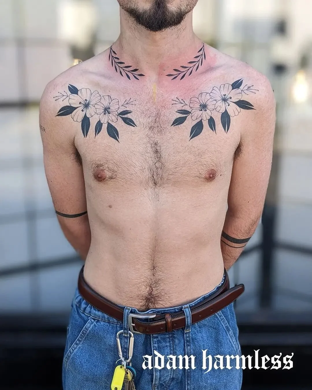 Added these leaves to Henry's front recently. Thanks for this one! Flowers healed by me :)
.
Eco-conscious and Vegan tattooing 🌱💚
Based at @harmlesstattoo
For enquiries, please email hello@adam-willett.com or visit www.adam-willett.com 
.
 #blackwo