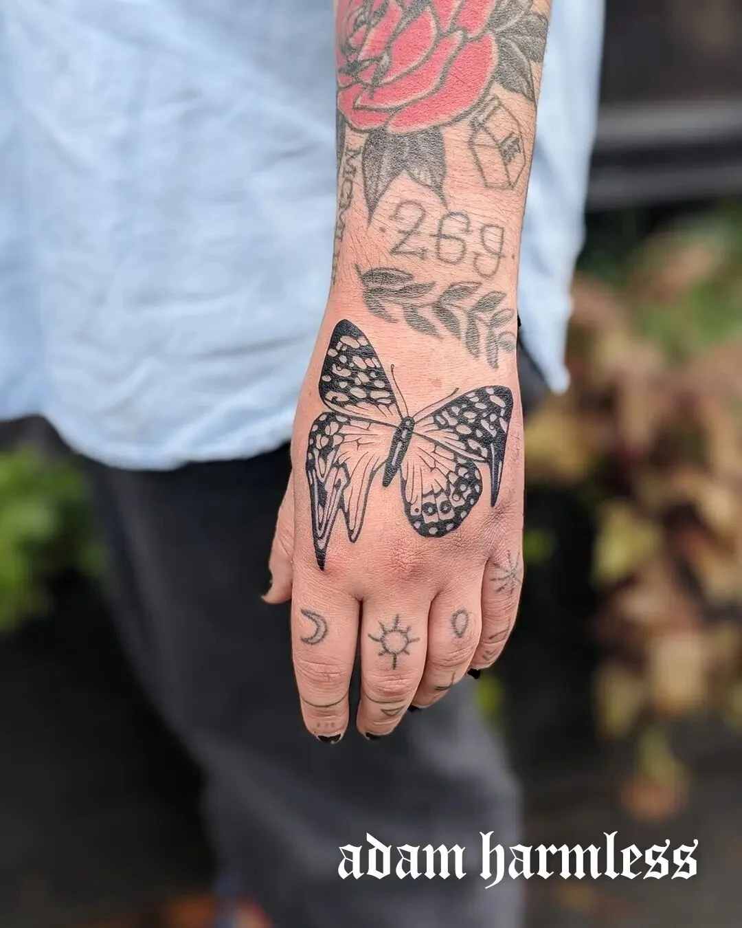 BUTTERFLY MITT for Alice. It's always an honour doing such a visible piece &lt;3⁠
.⁠
Eco-conscious and Vegan tattooing 🌱💚⁠
Based at @harmlesstattoo⁠
For enquiries, please email hello@adam-willett.com or visit www.adam-willett.com⁠
.⁠
#tattooart #ta