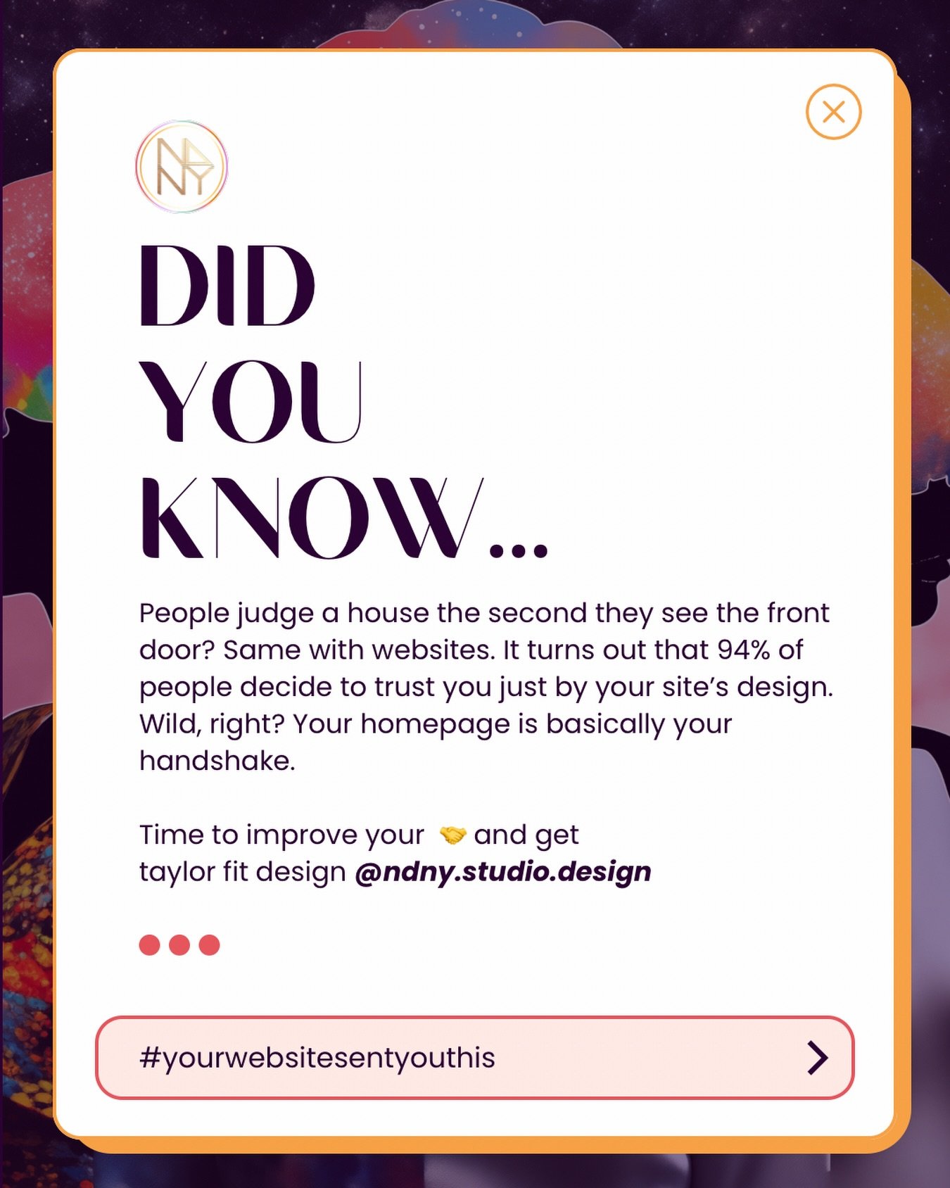 You never get a second chance to make a first impression&rdquo; &hellip;

and your website is making one every single second. 🖥️✨ Make it count.

#WebDesign 
#BrandExperience #UserExperience #FirstImpressions 
#redesign