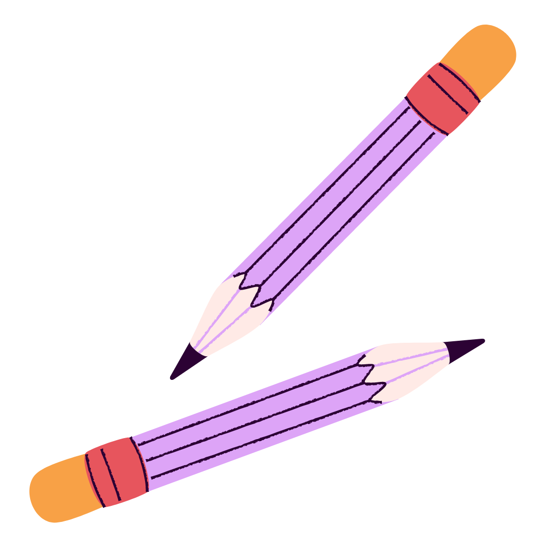Illustration of two purple pencils with orange erasers, arranged diagonally on a black background.