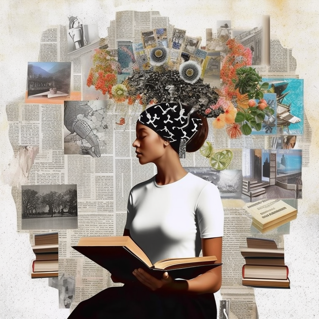 surreal collage woman books. ndny studio