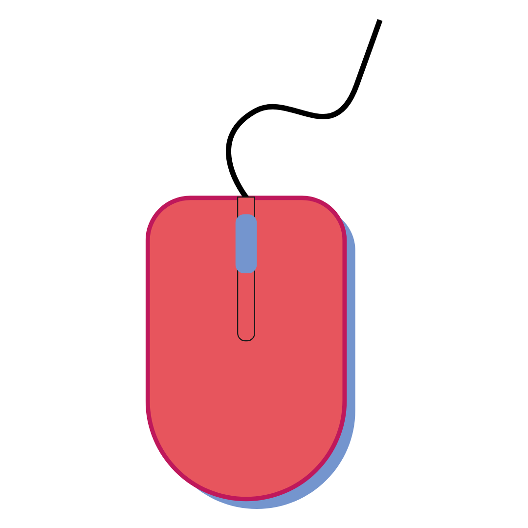 Illustration of a computer mouse with a pink body, blue scroll wheel, and shadows.