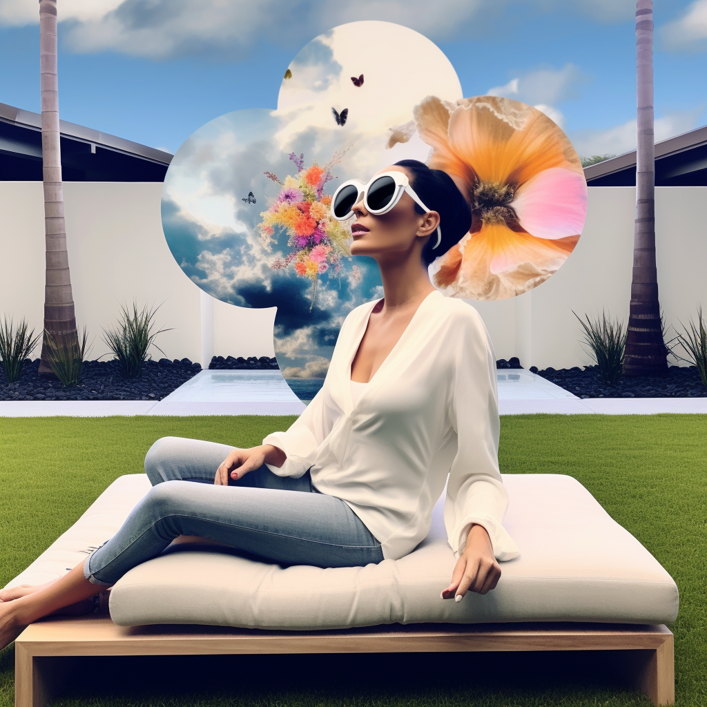 A woman wearing large white sunglasses and a white blouse sitting on an outdoor cushioned lounge chair in a backyard with green grass, palm trees, and a modern building. In the background, there is a decorative sculpture with four circular cutouts containing images of clouds, butterflies, colorful flowers, and a pink flower.