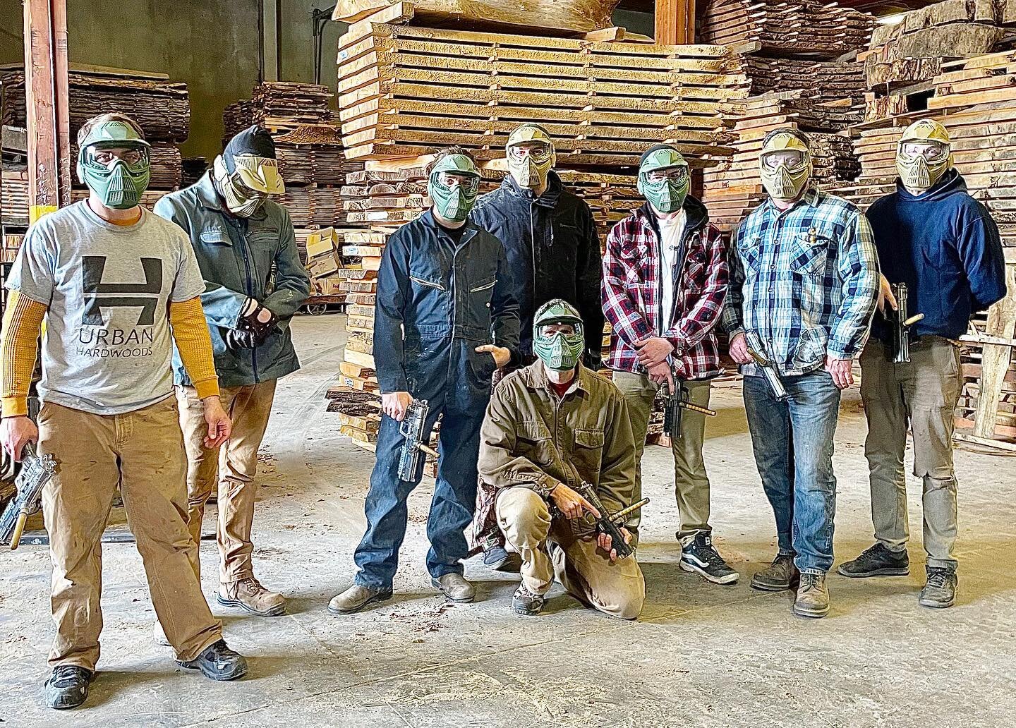 Suit up! It&rsquo;s time for a good ol&rsquo; fashion paintball game with the Urban Hardwoods crew! 👔🎨🔫
.
.
.
@urbanlumberco 
.
.
#urbanhardwoods #woodworking #reclaimedwood #custom #furniture #paintball #warriors #seattle