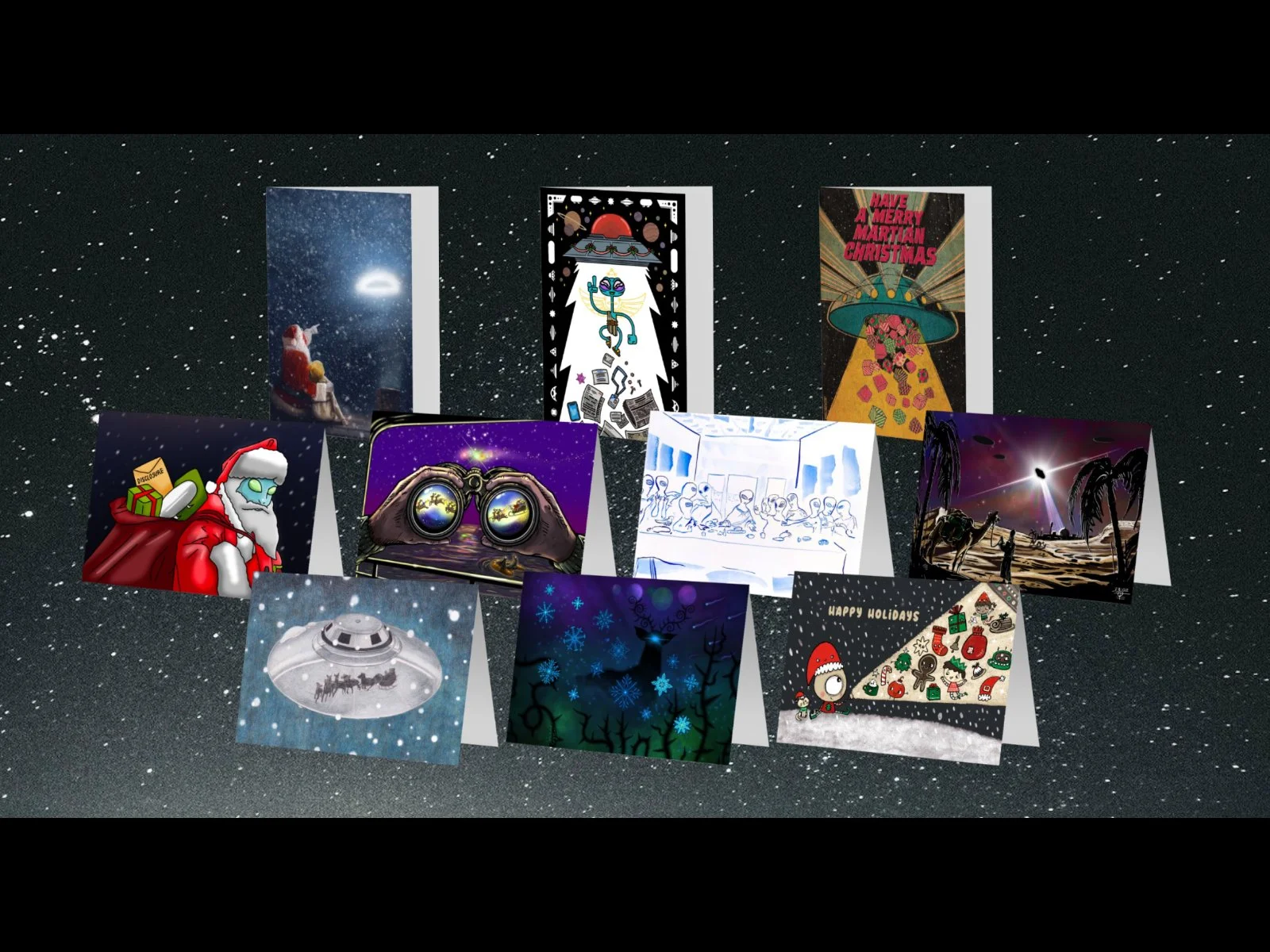 Picture of 10 different UFO themed Holiday cards, 