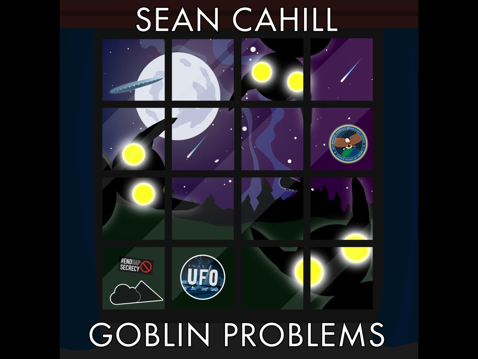 Art for Goblin Problems, a song by Sean Cahill used as the outro for That UFO Podcast. Art features Goblins in a night time scene, peeking in a bedroom window with the milky way behind them. 