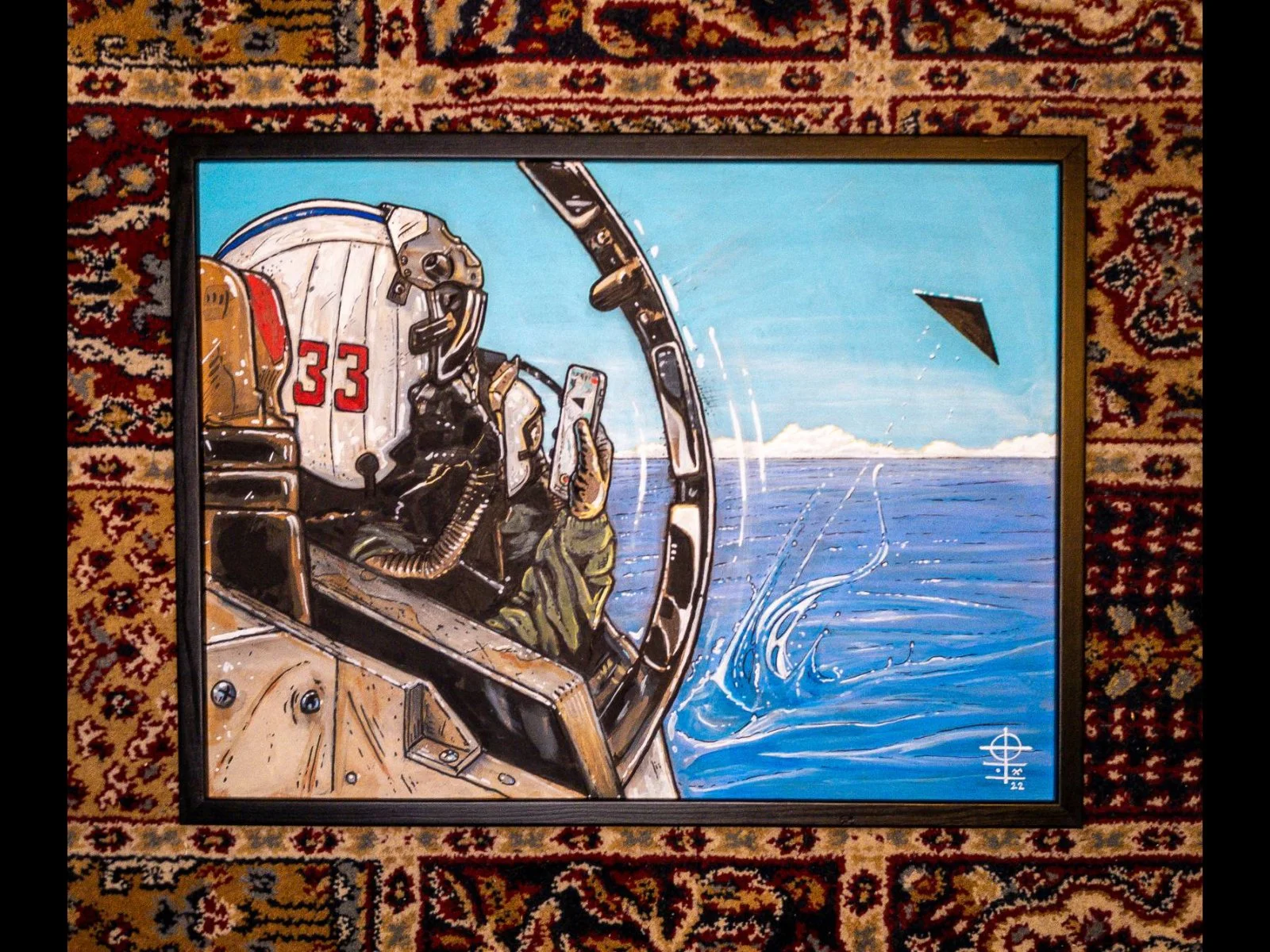 Painting by Olof Röckner of a triangular UFO emerging from the water as a pilot looks on