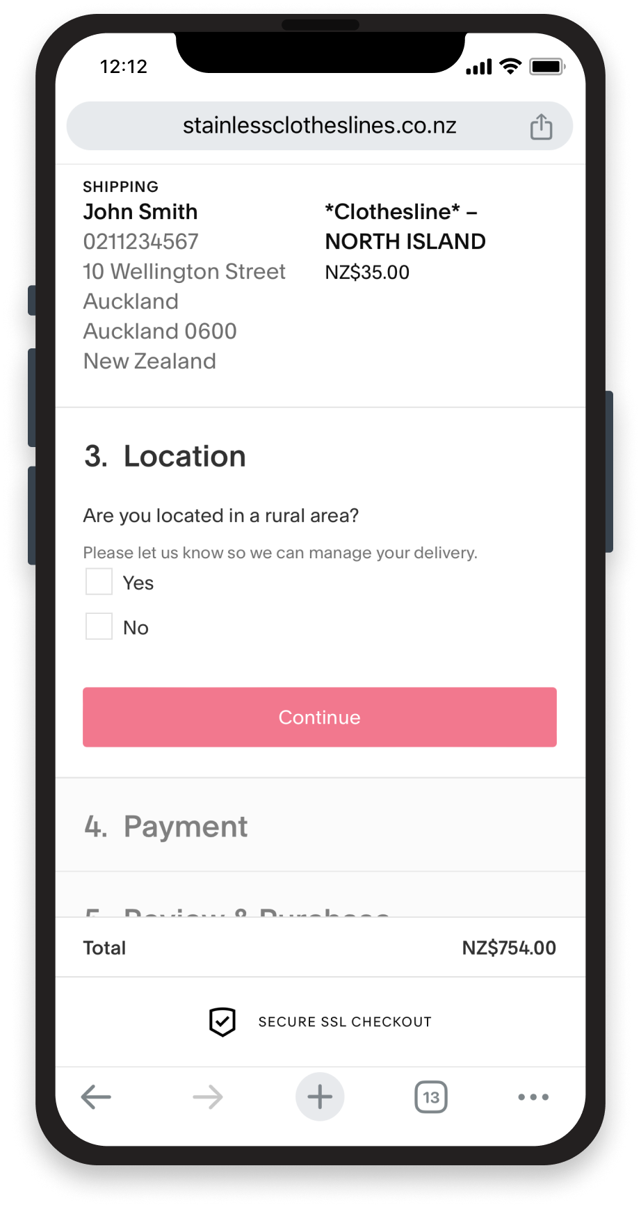 Online shopping checkout page displaying shipping address in New Zealand, with options for rural delivery.