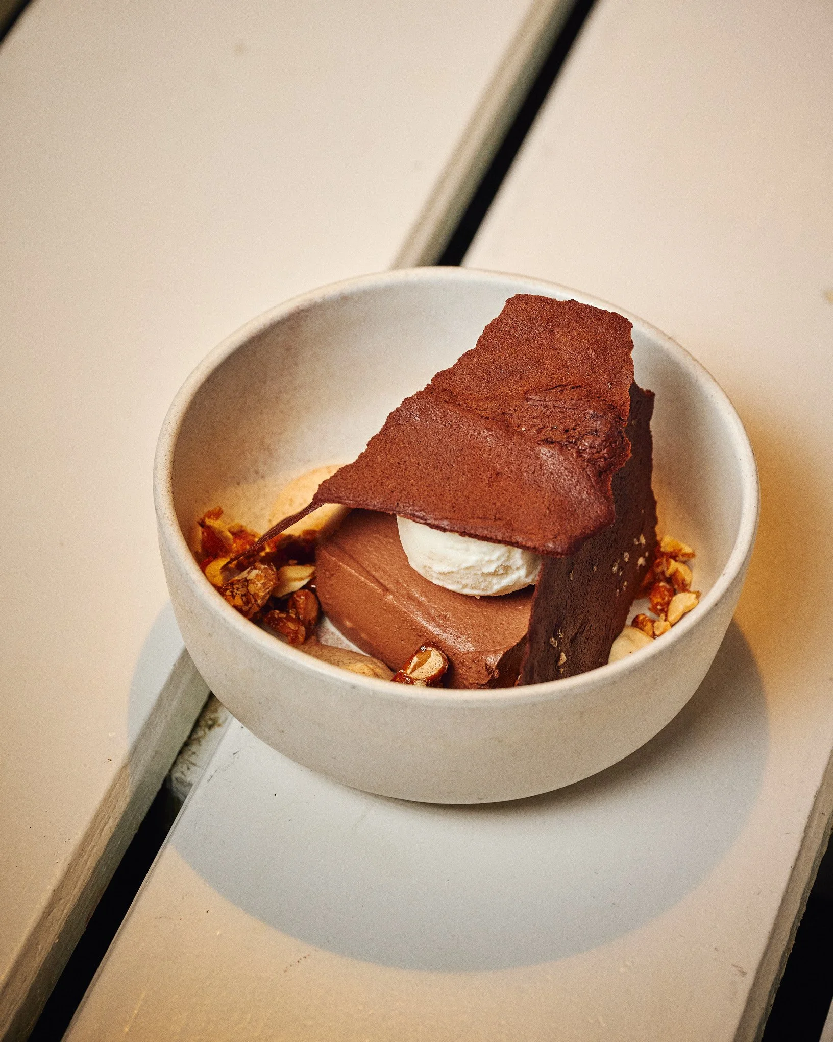 Chocolate ice cream topped with a dollop of whipped cream, a piece of chocolate cake or brownie, and garnished with chopped nuts, served in a white bowl.