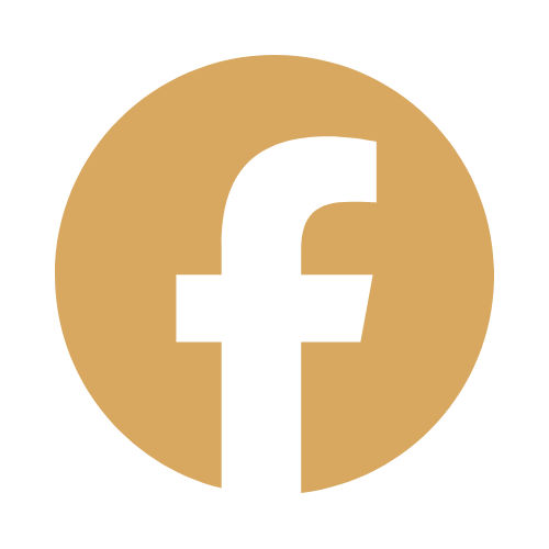 Facebook logo with black 'f' on a gold circular background.