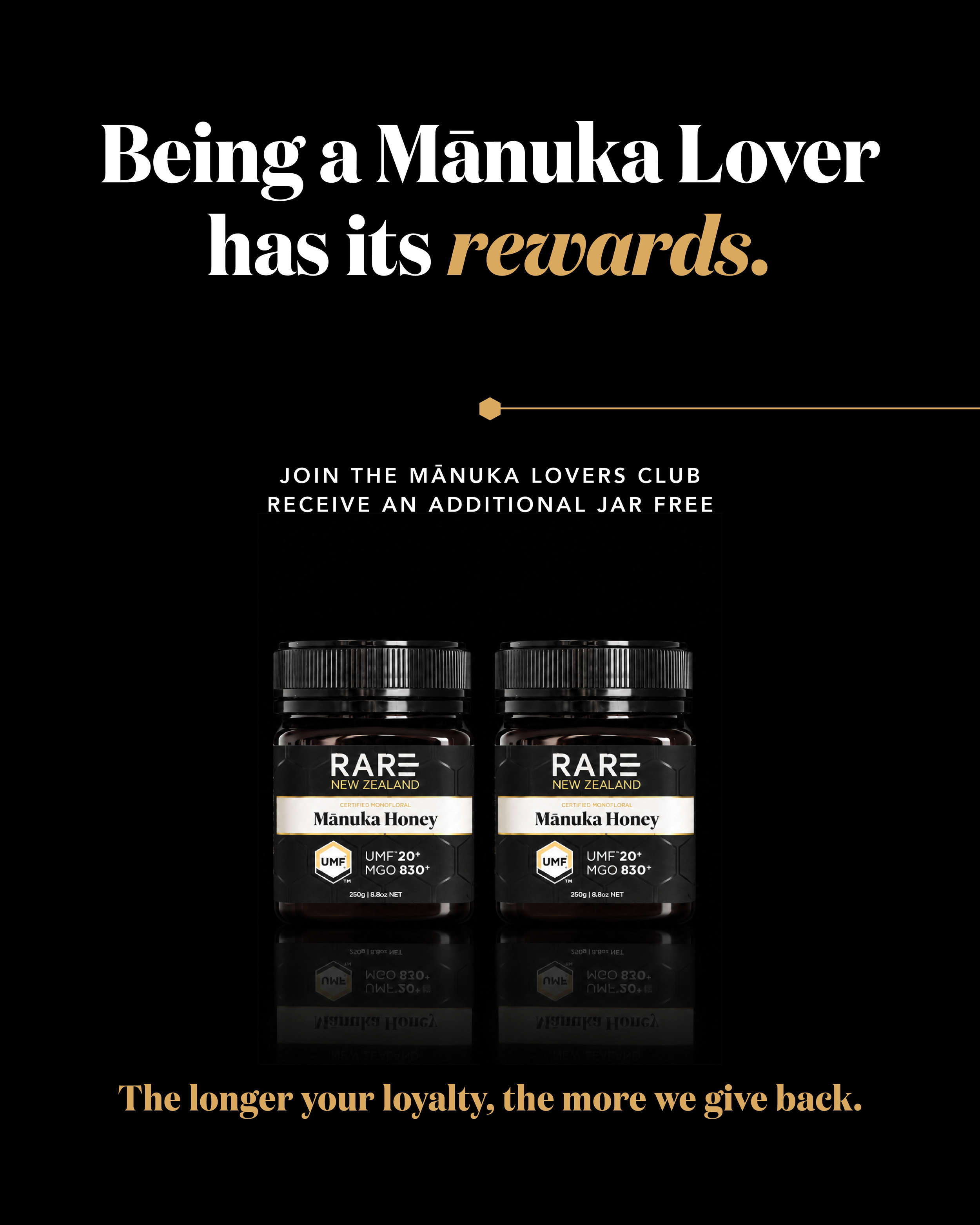 Advertisement featuring two jars of Manuka honey with black labels and gold accents, the text "Being a Mānuka Lover has its rewards" at the top, and "The longer your loyalty, the more we give back" at the bottom, set against a black background.