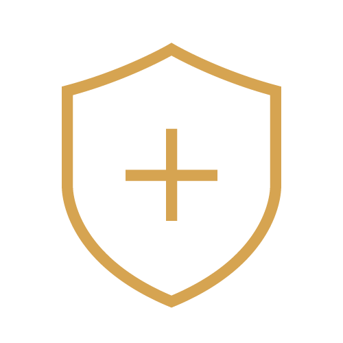 Shield with a cross inside, in a gold color on a black background.