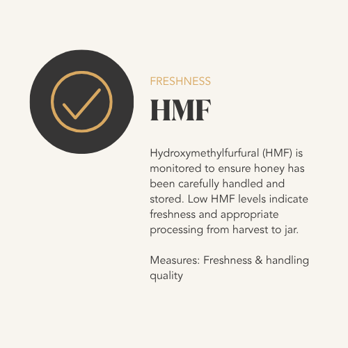 Information about Hydroxymethylfurfural (HMF) monitoring to ensure honey freshness and proper handling.